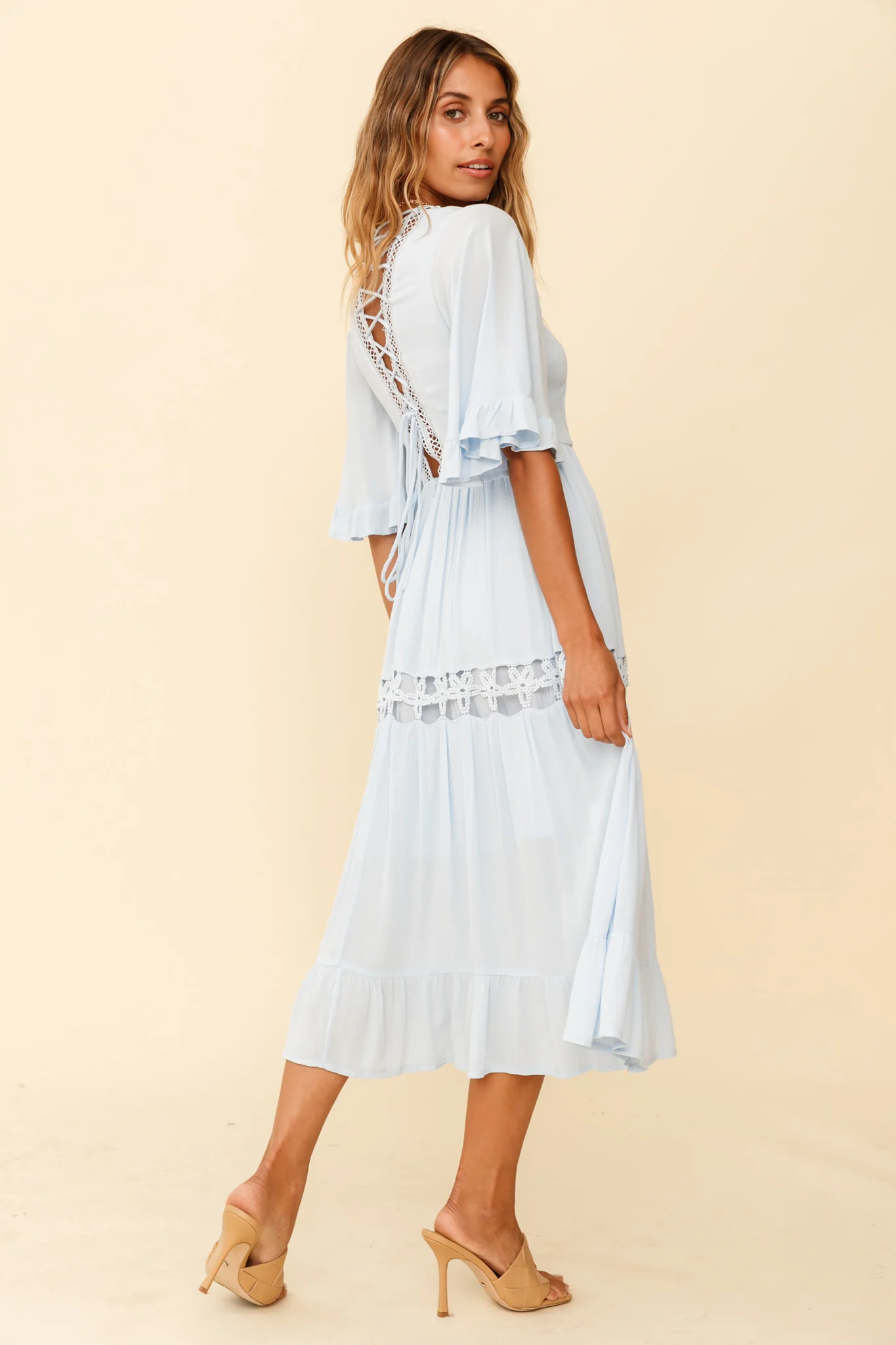 Feeling Groovy Bell Sleeve Crochet Trim Maxi Dress Ice Blue - Seraphlike