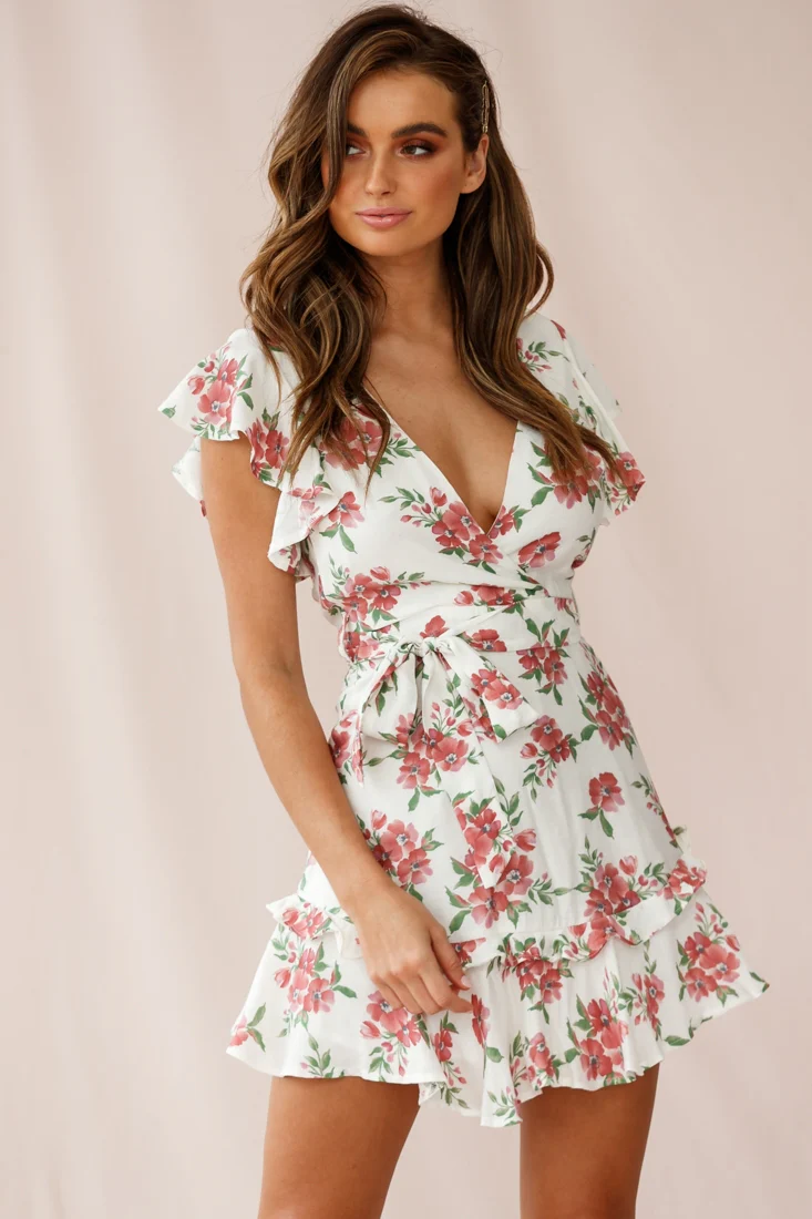Love Letter Ruffle Sleeve Waist Tie Dress Floral Print White - Seraphlike