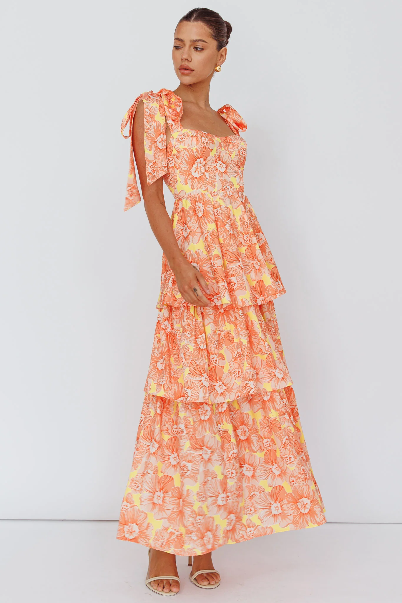 Arlowe Tied Shoulder Tiered Midi Dress Floral Orange - Seraphlike