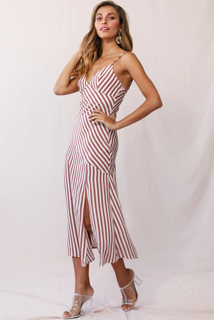 Downtown Cami Strap Front Split Midi Dress Stripe Print Rose - Seraphlike