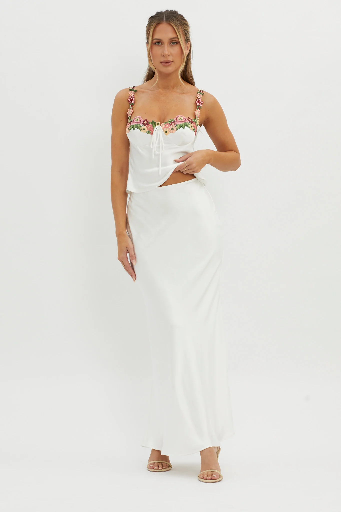 Rose Garden Satin Maxi Skirt White - Seraphlike