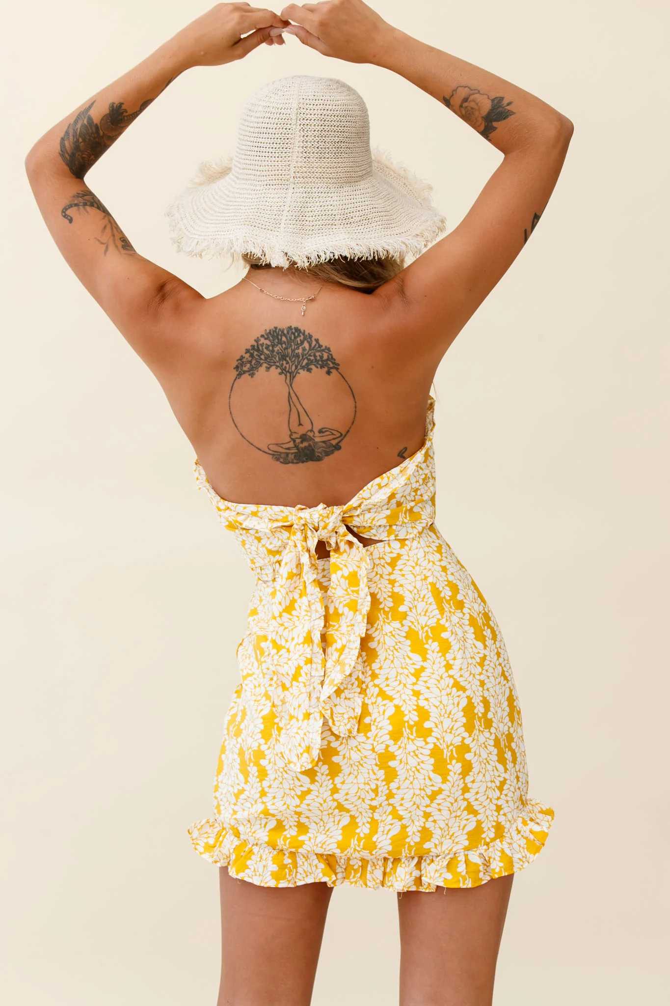 Dollface Bandeau Ruffle Detail Mini Dress Leaf Print Yellow - Seraphlike