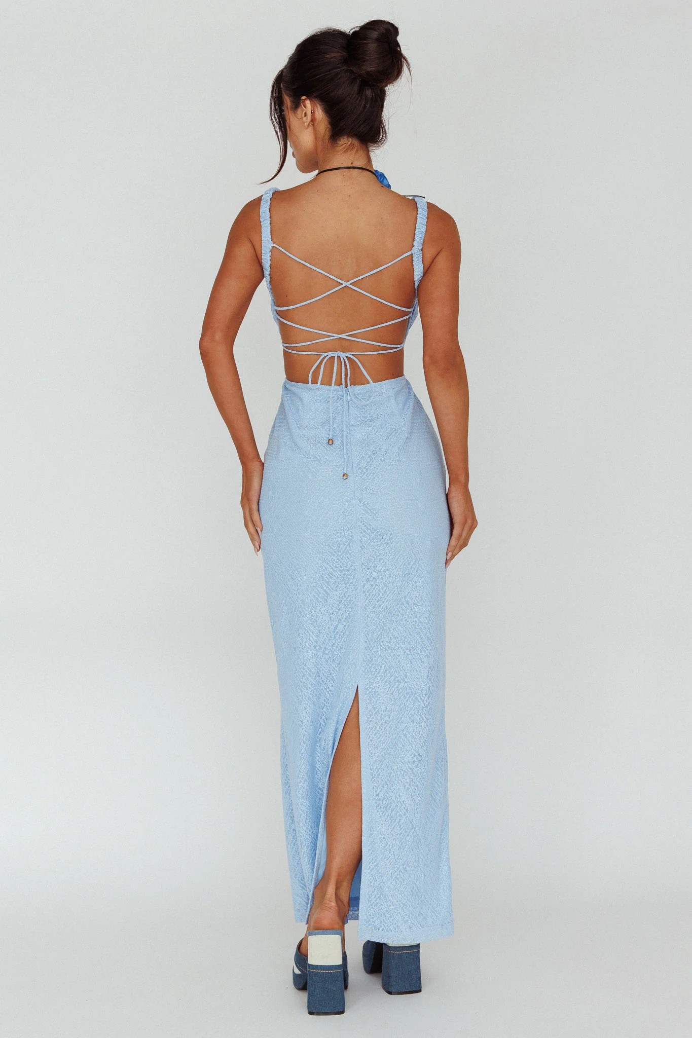 Dream Crush Lace-Up Back Mesh Overlay Midi Dress Blue - Seraphlike