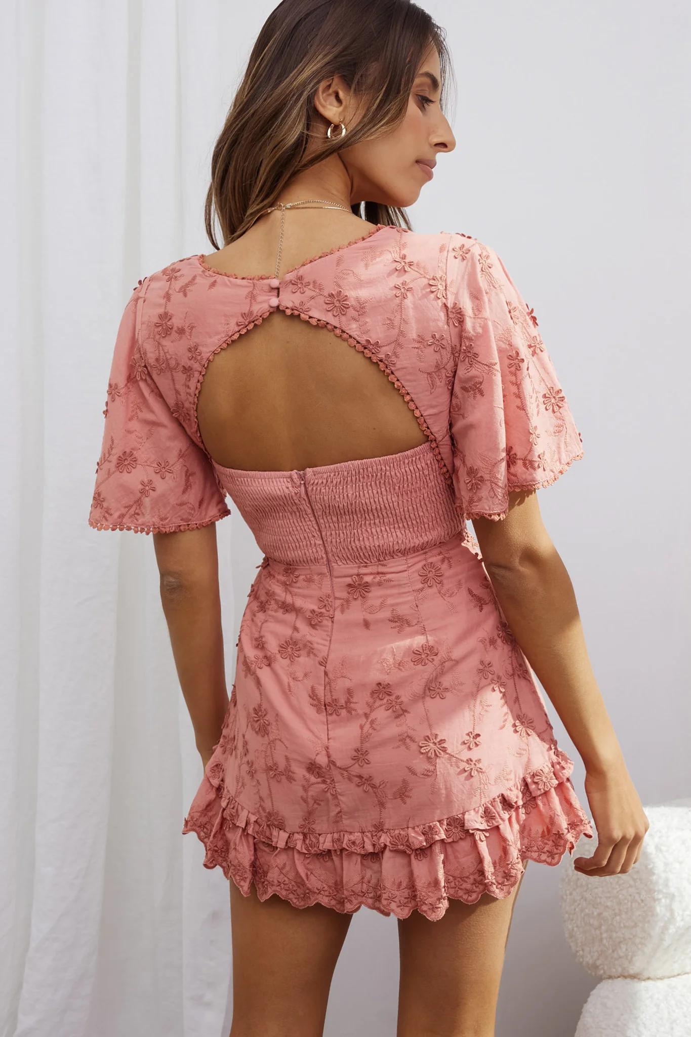 Joanie Angel Sleeve Floral Embroidery Mini Dress Rose - Seraphlike