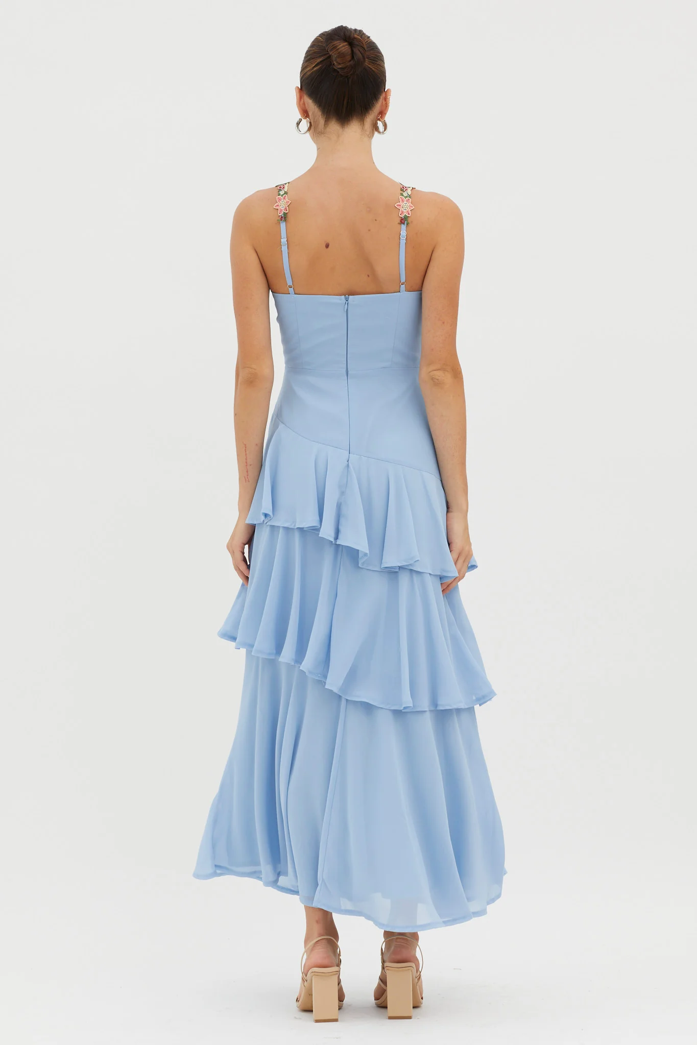 Rose Garden Tiered Ruffle Floral Trim Dress Blue - Seraphlike