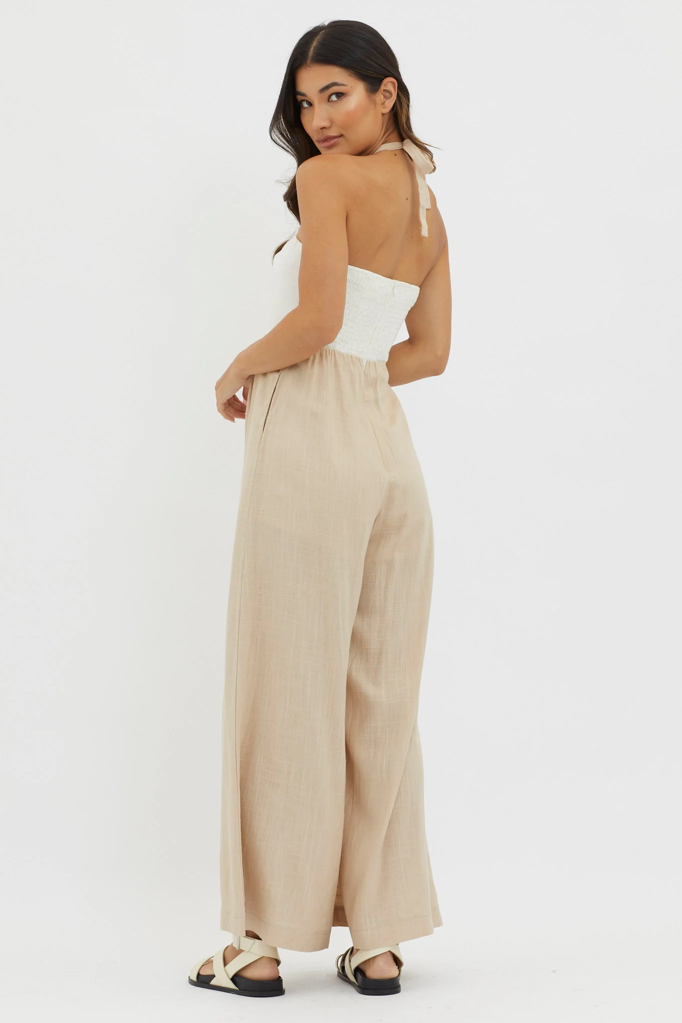 Maryn Wide Leg Halterneck Jumpsuit Beige - Seraphlike