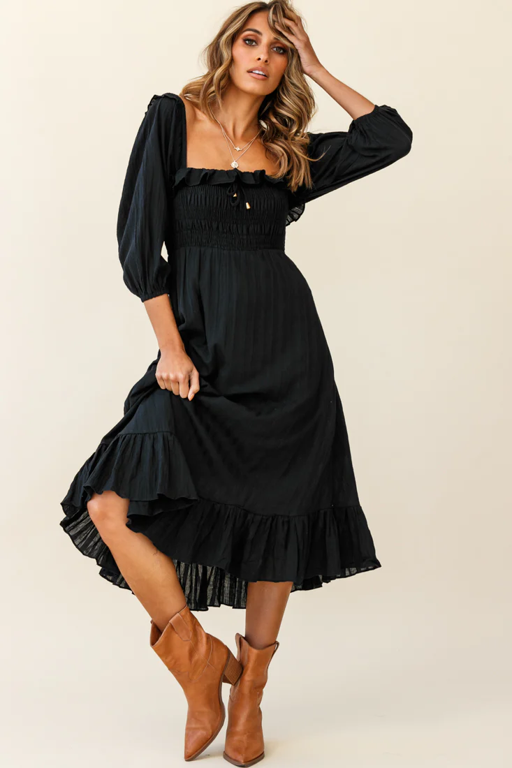 Flynn Off-Shoulder Shirred Bust Midi Dress Black - Seraphlike