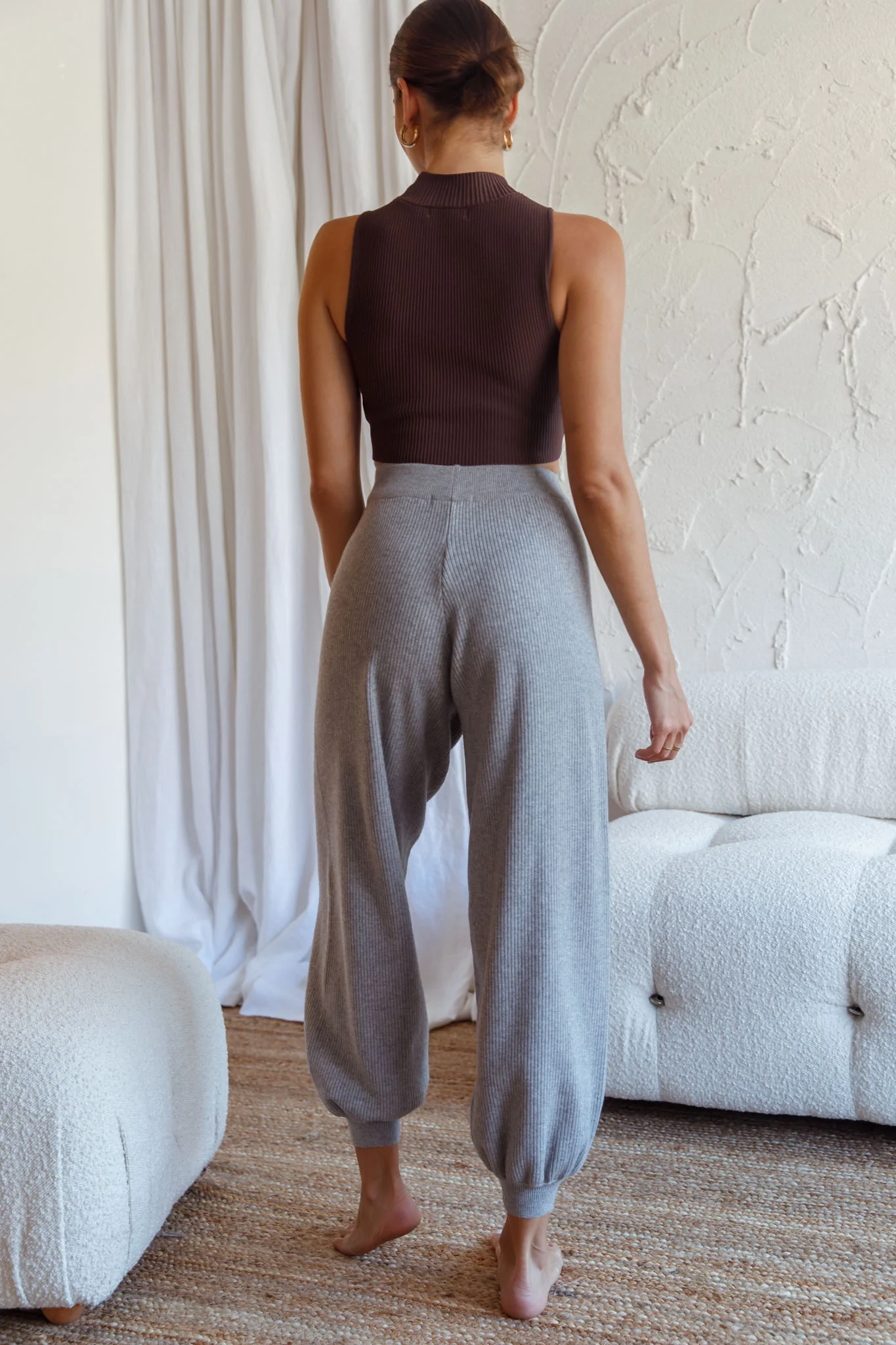 New Soul Drawstring Ribbed Knit Jogger Pants Grey Marle - Seraphlike
