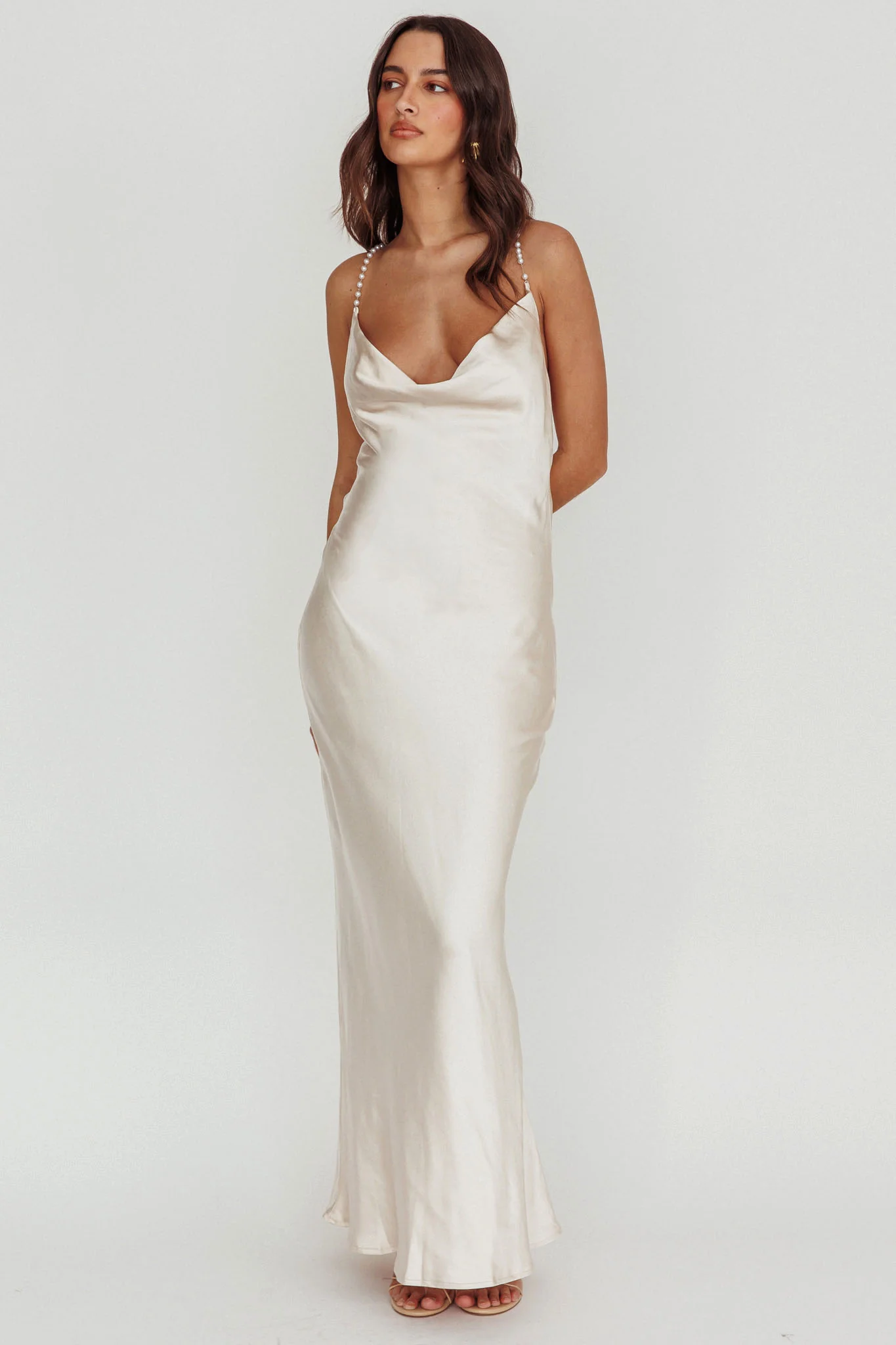 Danijela Cowl Neck Pearl Satin Maxi Dress Champagne - Seraphlike