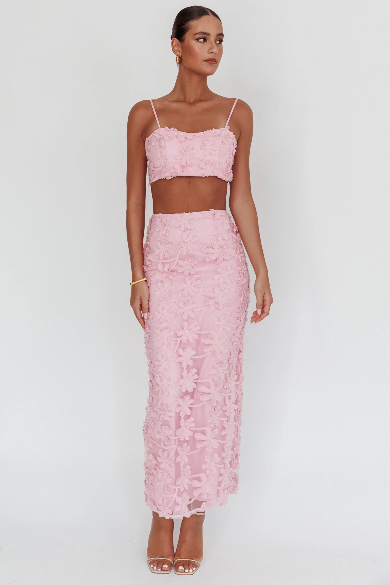 Casi Palm Tree Embroidered Maxi Skirt Baby Pink - Seraphlike