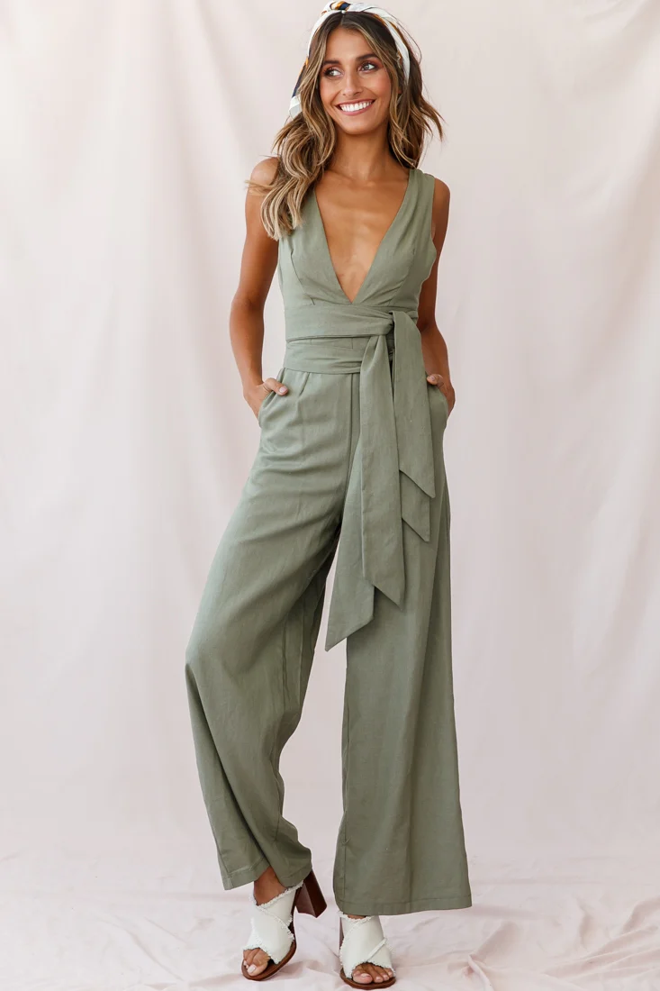 Dylan V-Neckline Wide Leg Jumpsuit Olive - Seraphlike