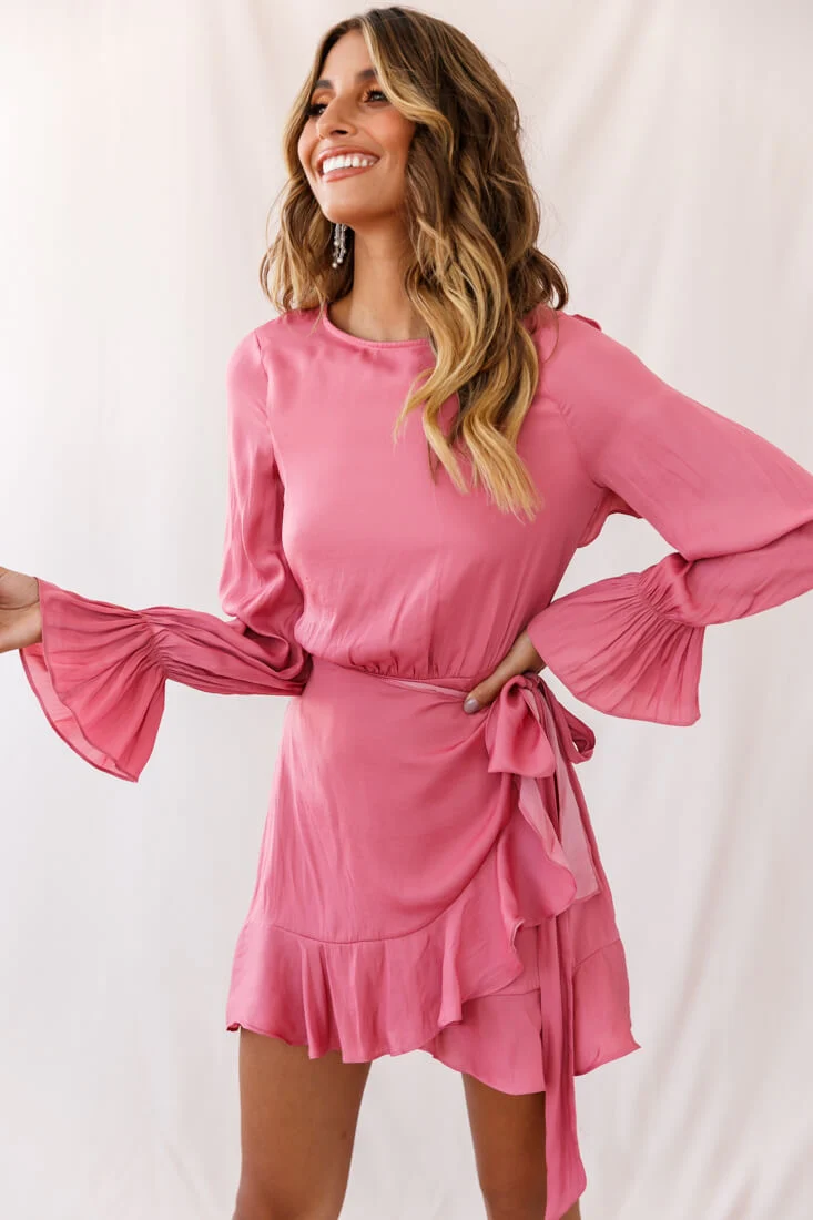 Darla Long Sleeve Satin Dress Rose - Seraphlike
