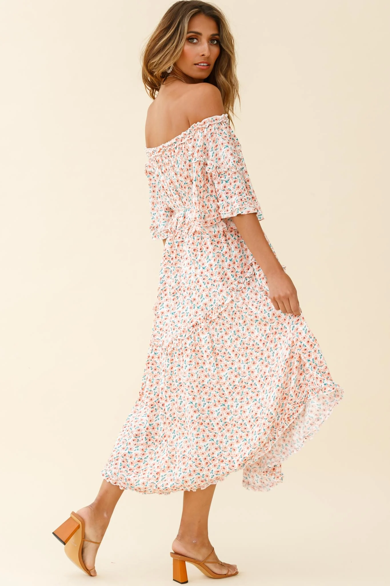 Renoir Off-Shoulder Frill Trim Dress Floral Print Pink - Seraphlike