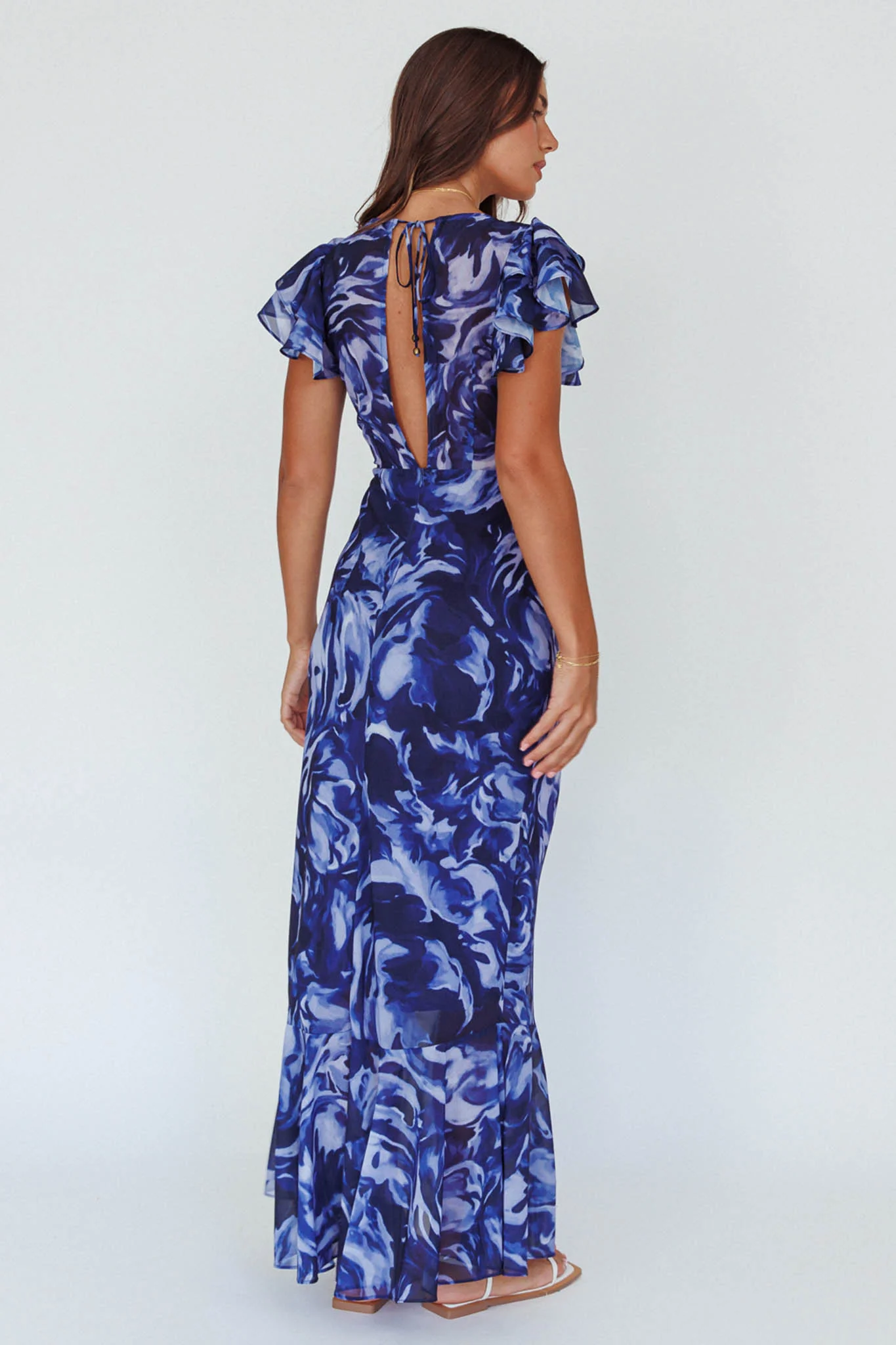 Lydiah Ruffle Sleeve Maxi Dress Floral Blue - Seraphlike