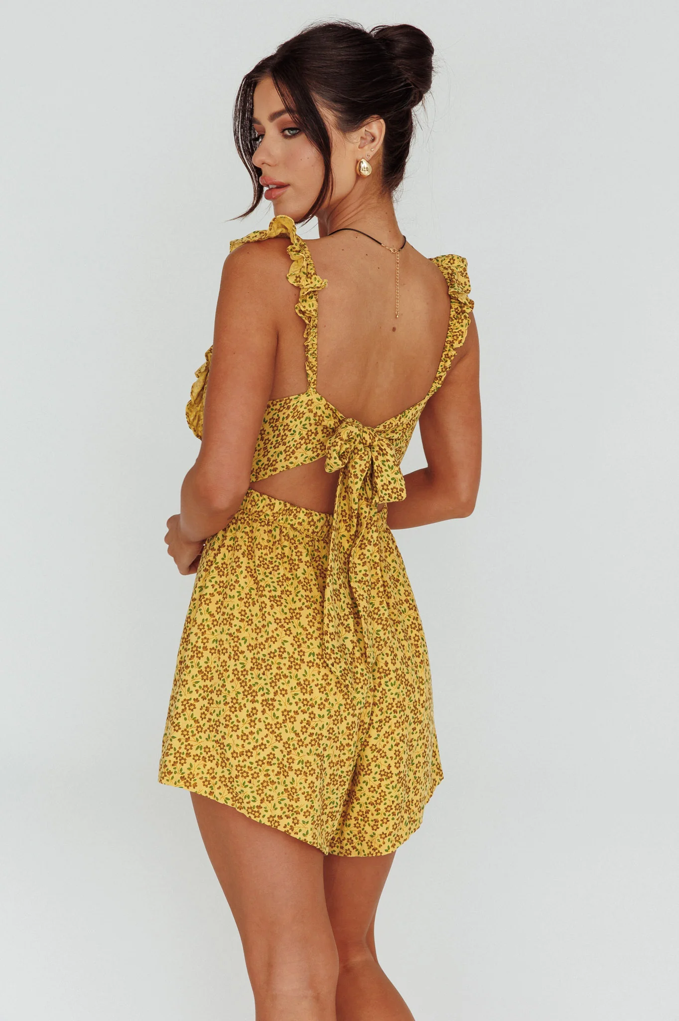 Lazy Sunday Frill Strap Tie-Up Back Romper Floral Print Mustard - Seraphlike