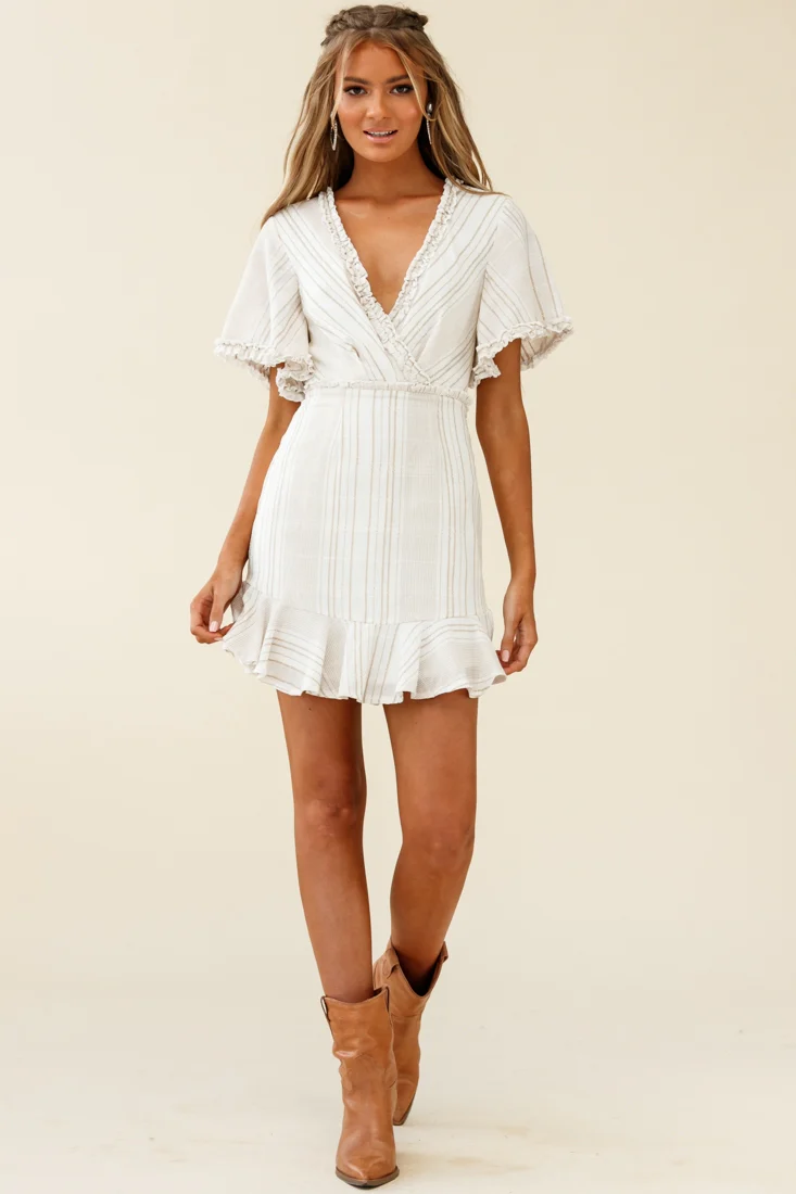 Ochre Open Back Bow Detail Dress Stripe Pattern White/Mocha - Seraphlike