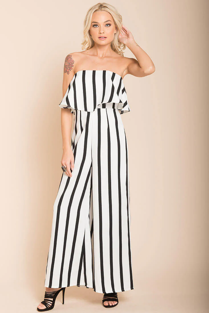 Posh Pin Stripe Ruffle Jumpsuit White - Seraphlike