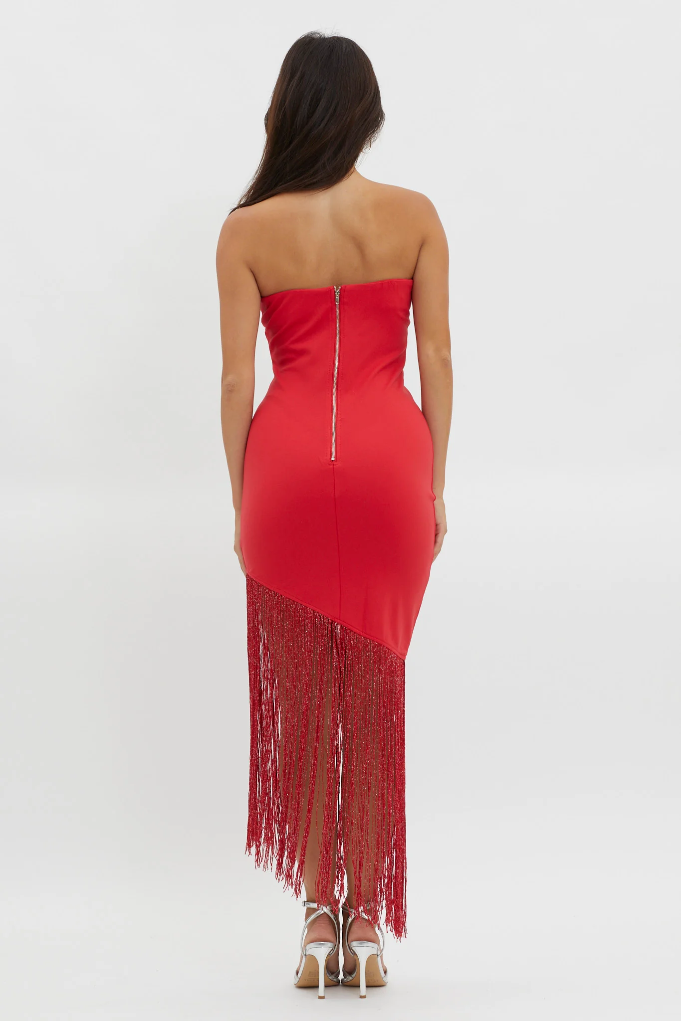 Glitz Asymmetrical Fringe Hem Dress Red - Seraphlike