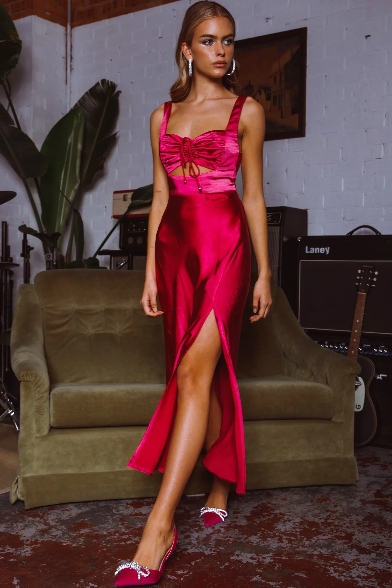 Belle Epoque Drawstring Bust Midi Dress Hot Pink - Seraphlike