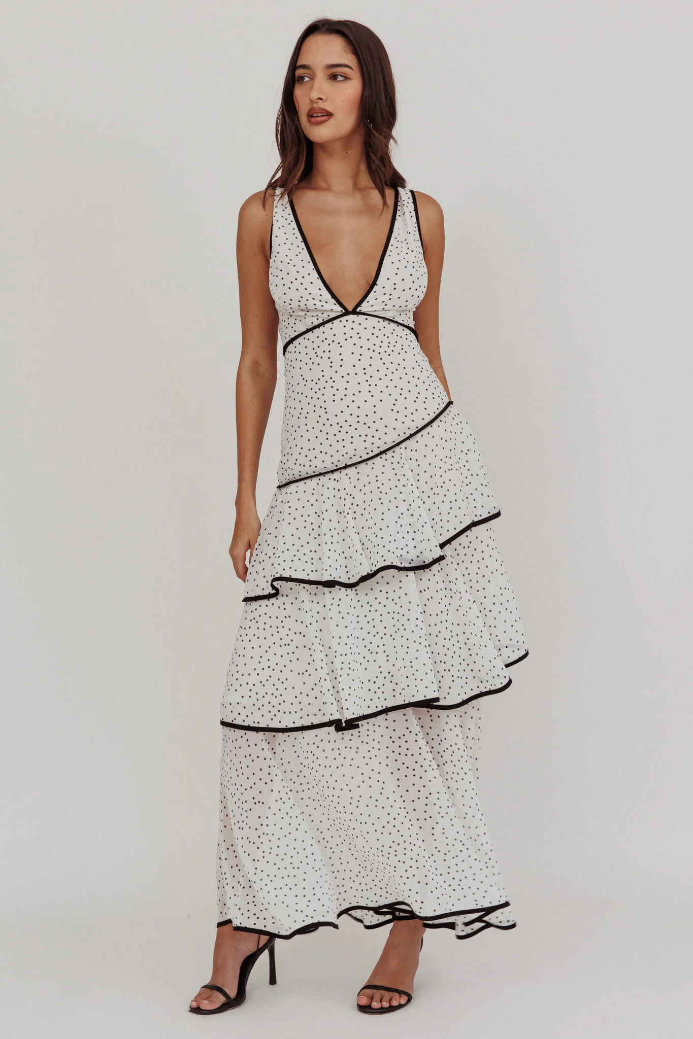 Veda Strappy Back Ruffle Maxi Dress Polka Dot White - Seraphlike