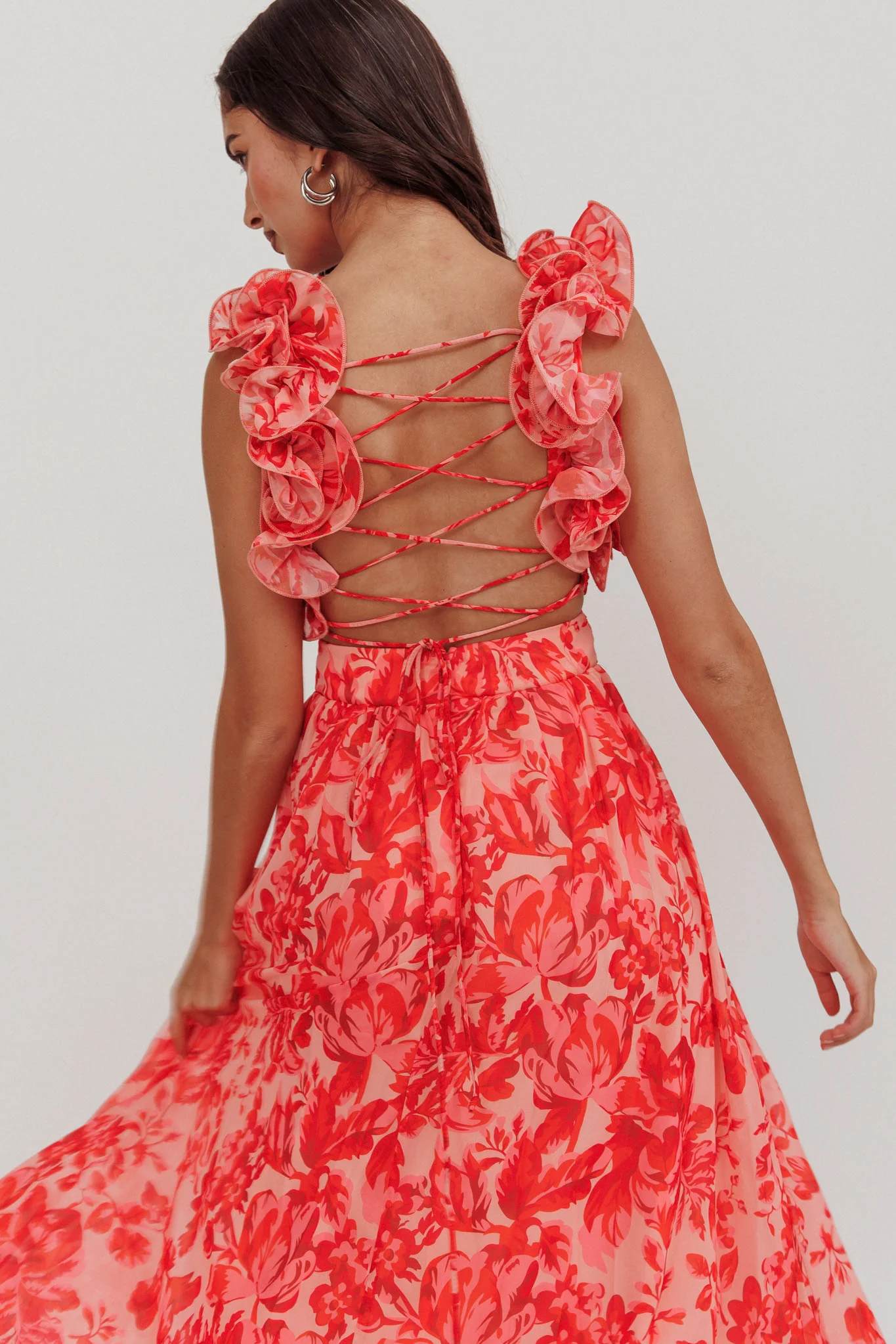Madara Lace-Up Back Maxi Dress Floral Red - Seraphlike