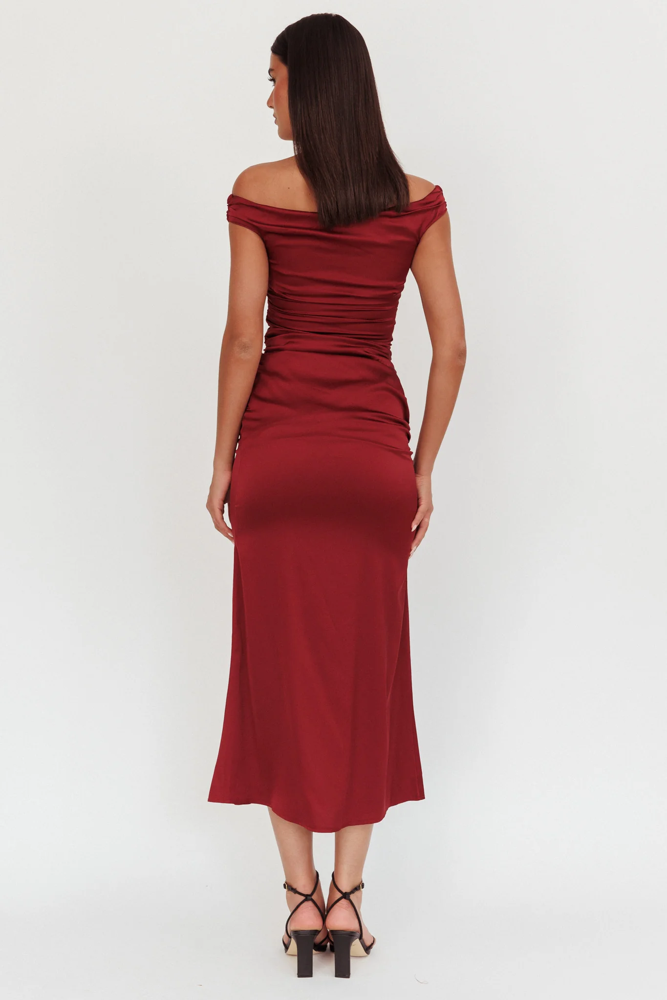 In Blooms Off Shoulder Satin Maxi Dress Wine - Seraphlike