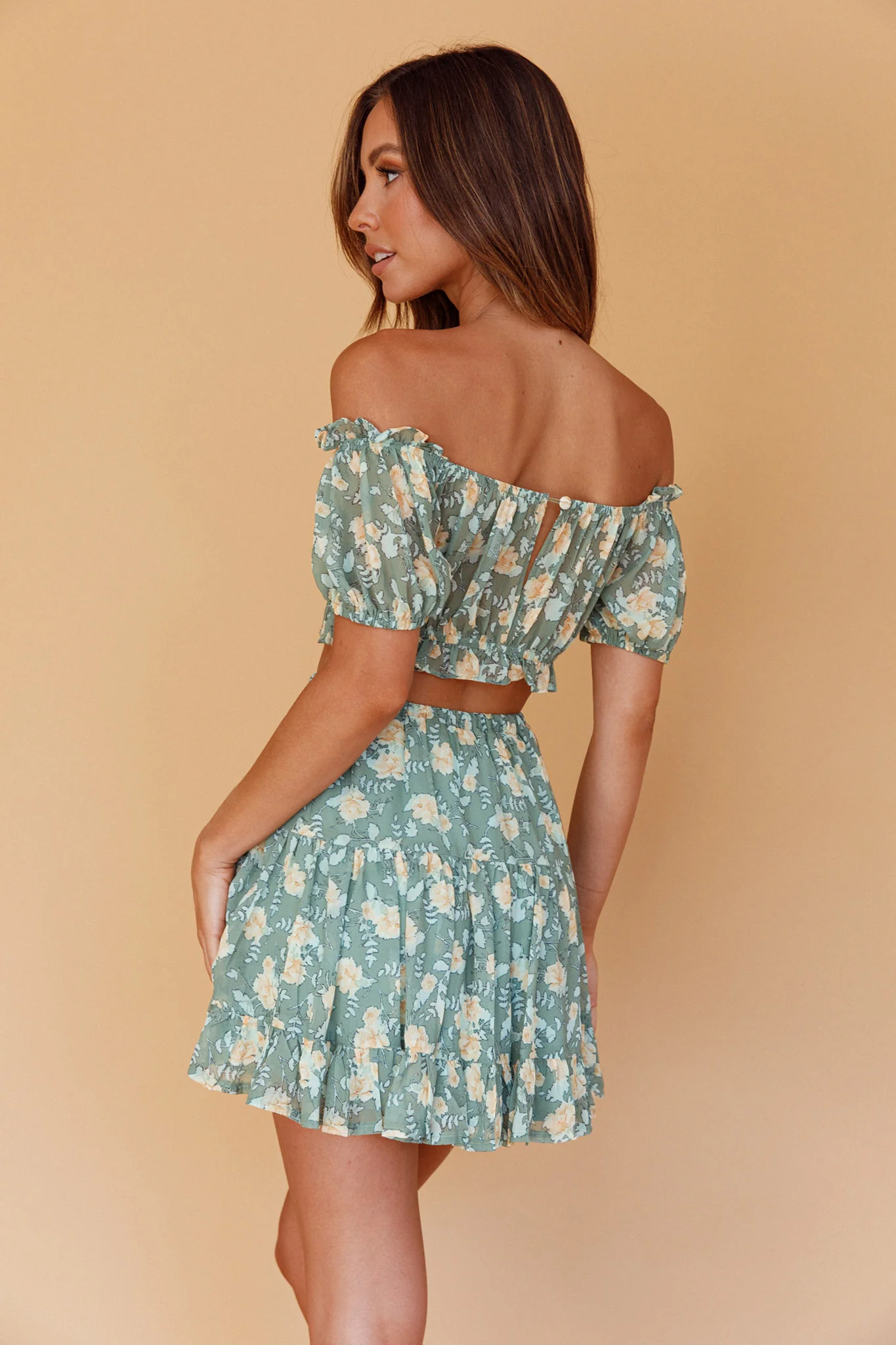 Archana Puff Sleeve Crop Top Floral Green - Seraphlike