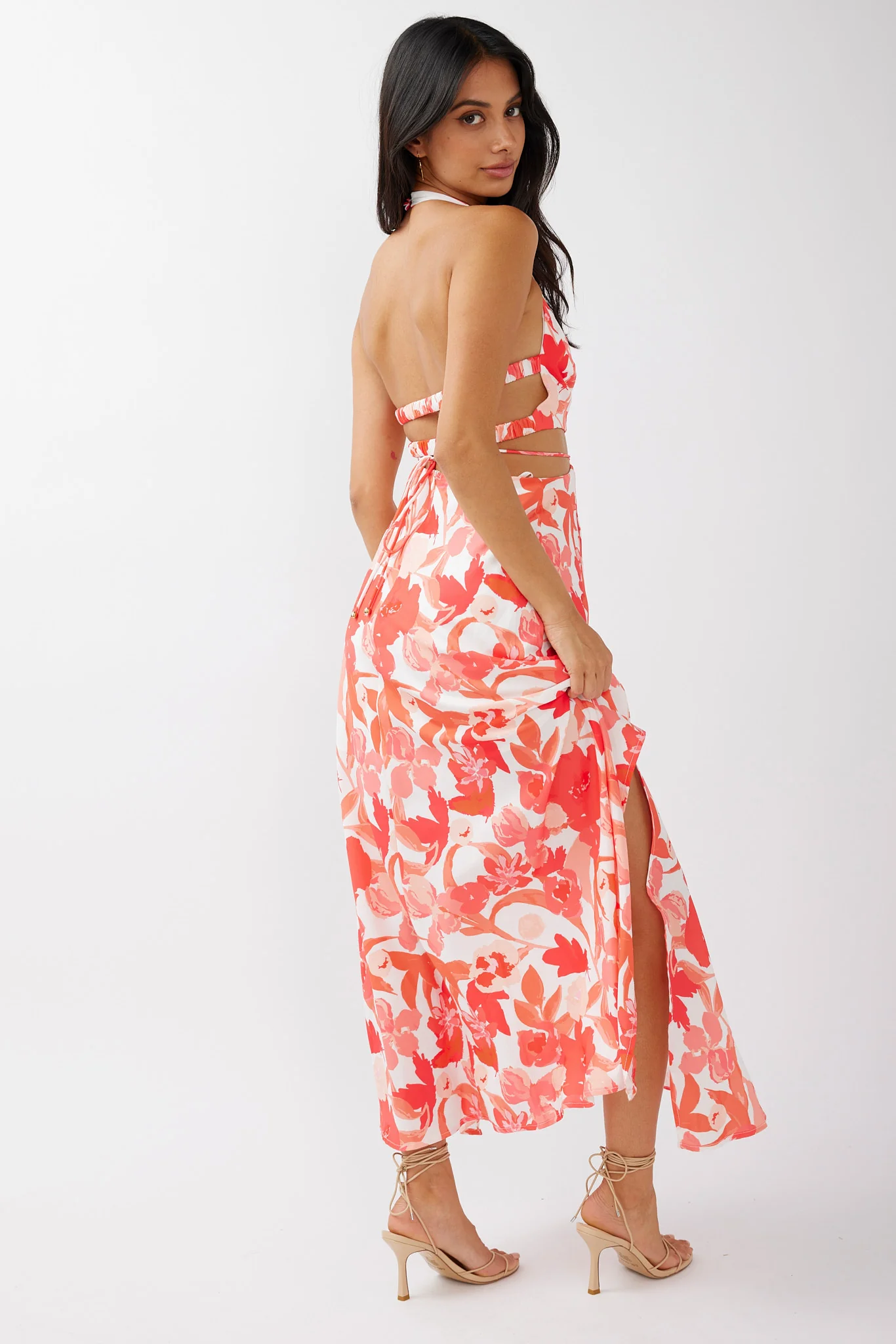 Tuscan Summers Cut-Out Midi Dress Floral Red - Seraphlike