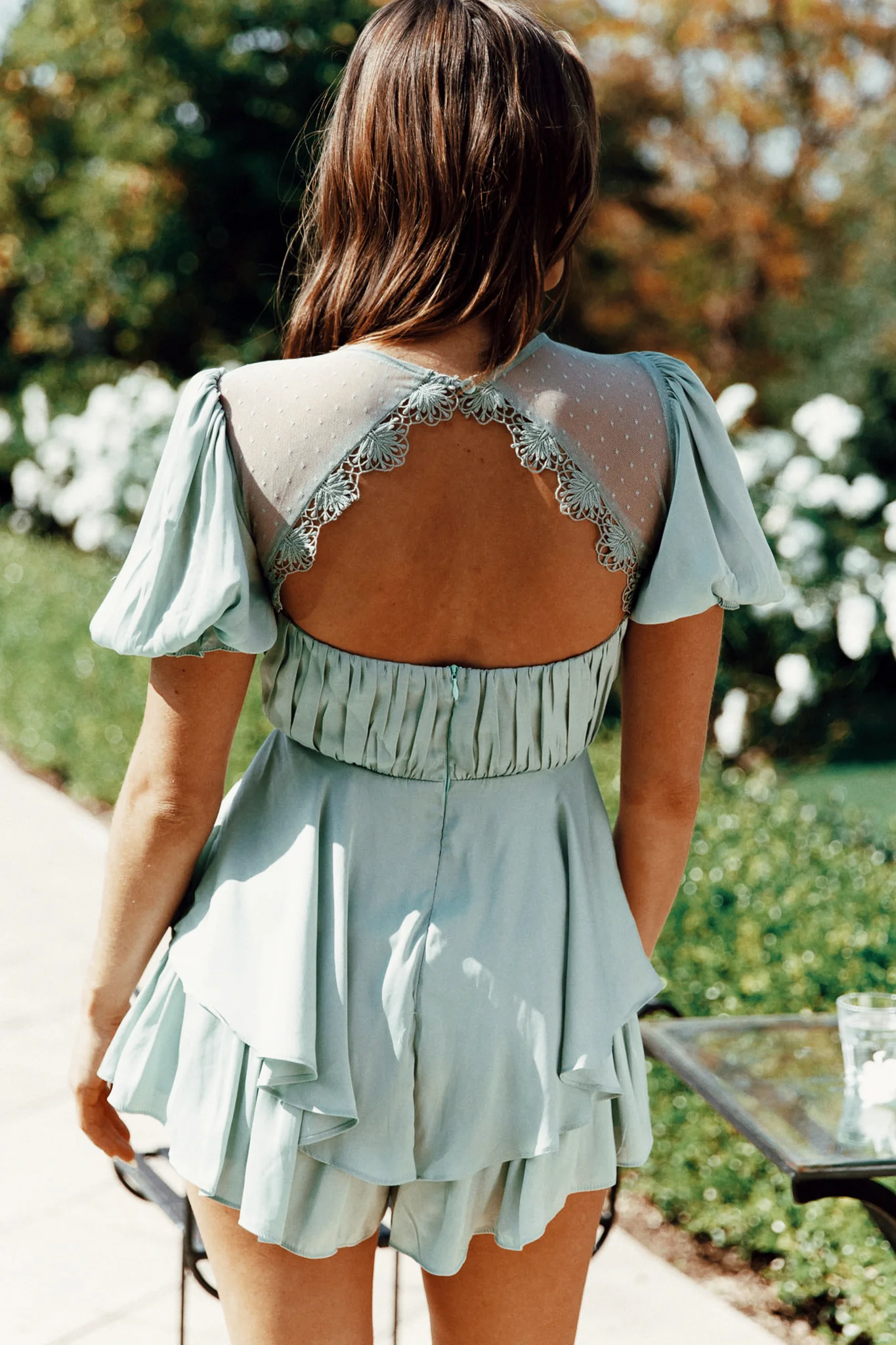 L'amour Lace Mesh Bust Puff Sleeve Romper Pistachio - Seraphlike