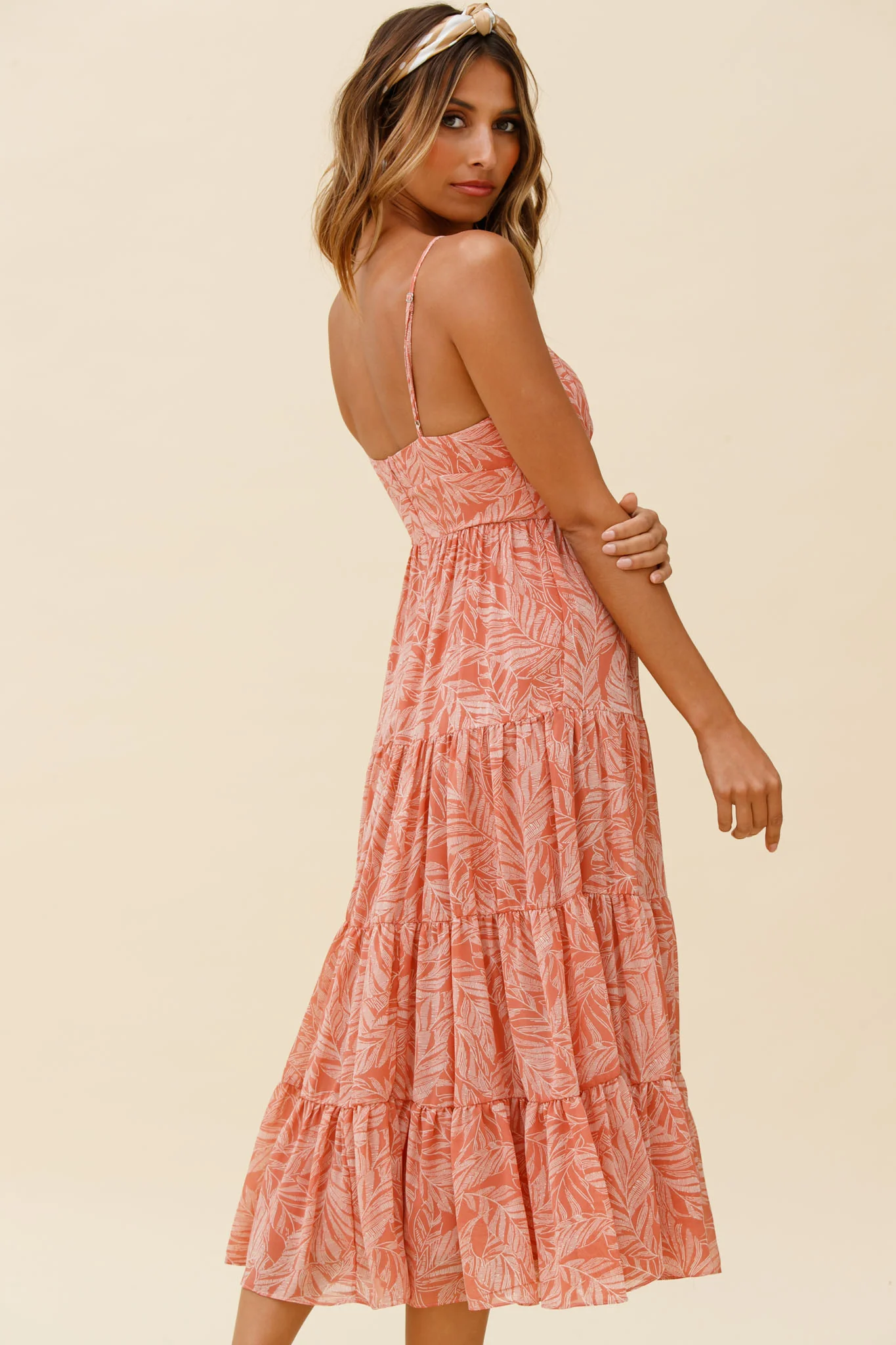 Eternal Sunshine Gathered Bust Maxi Dress Leaf Print Pink - Seraphlike