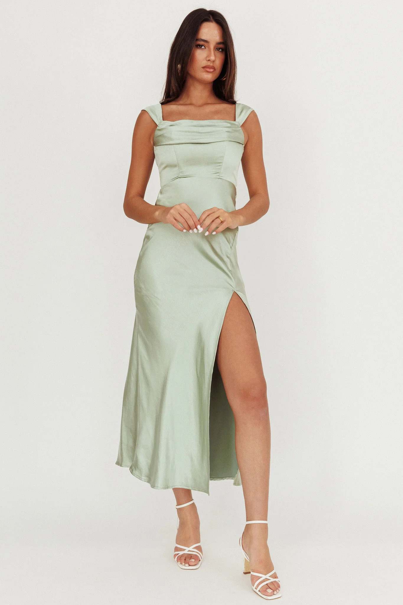 Lucinda Off-Shoulder V-Back Dress Sage - Seraphlike