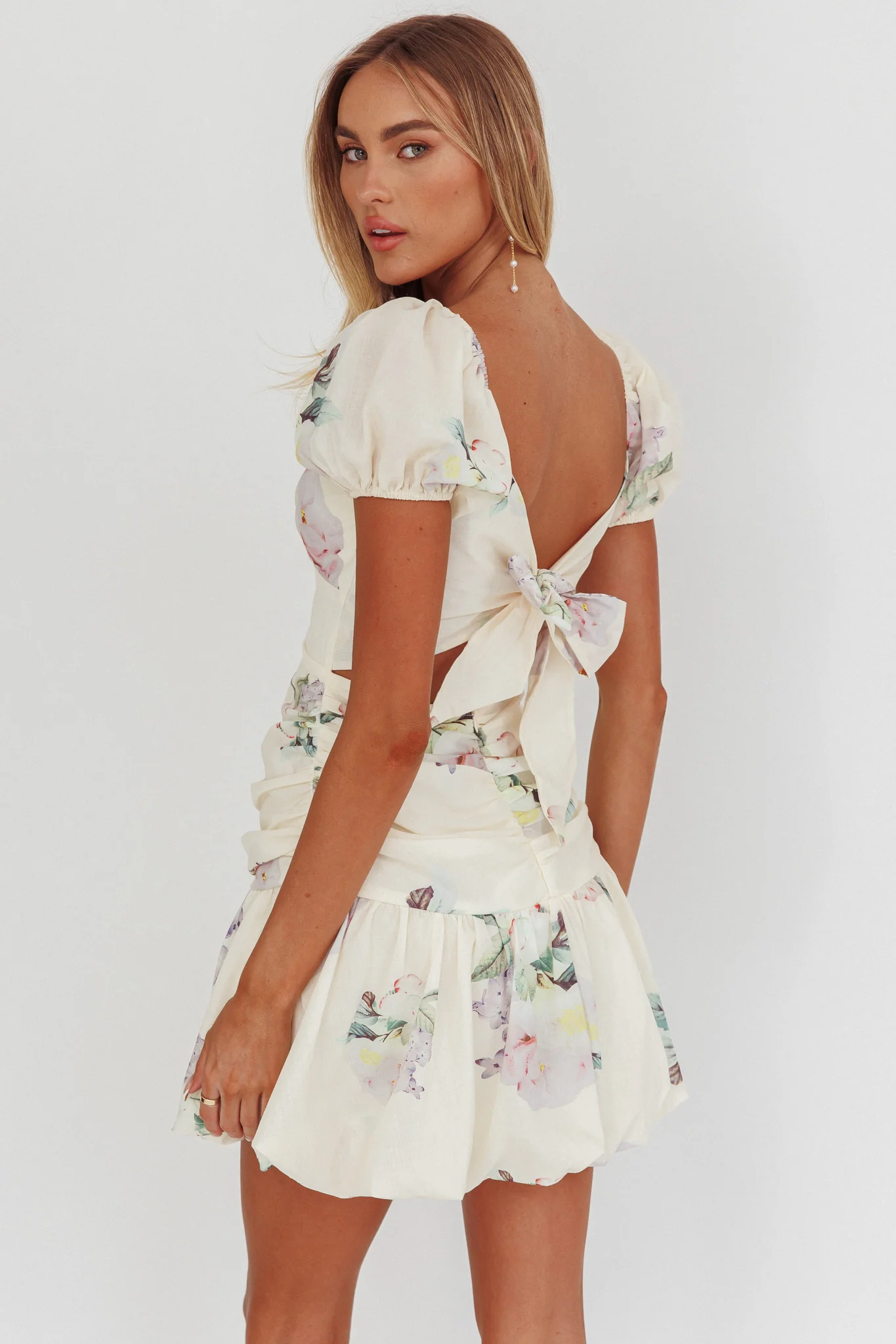 Annabella Puff Sleeve Tied Back Mini Dress Floral Butter - Seraphlike