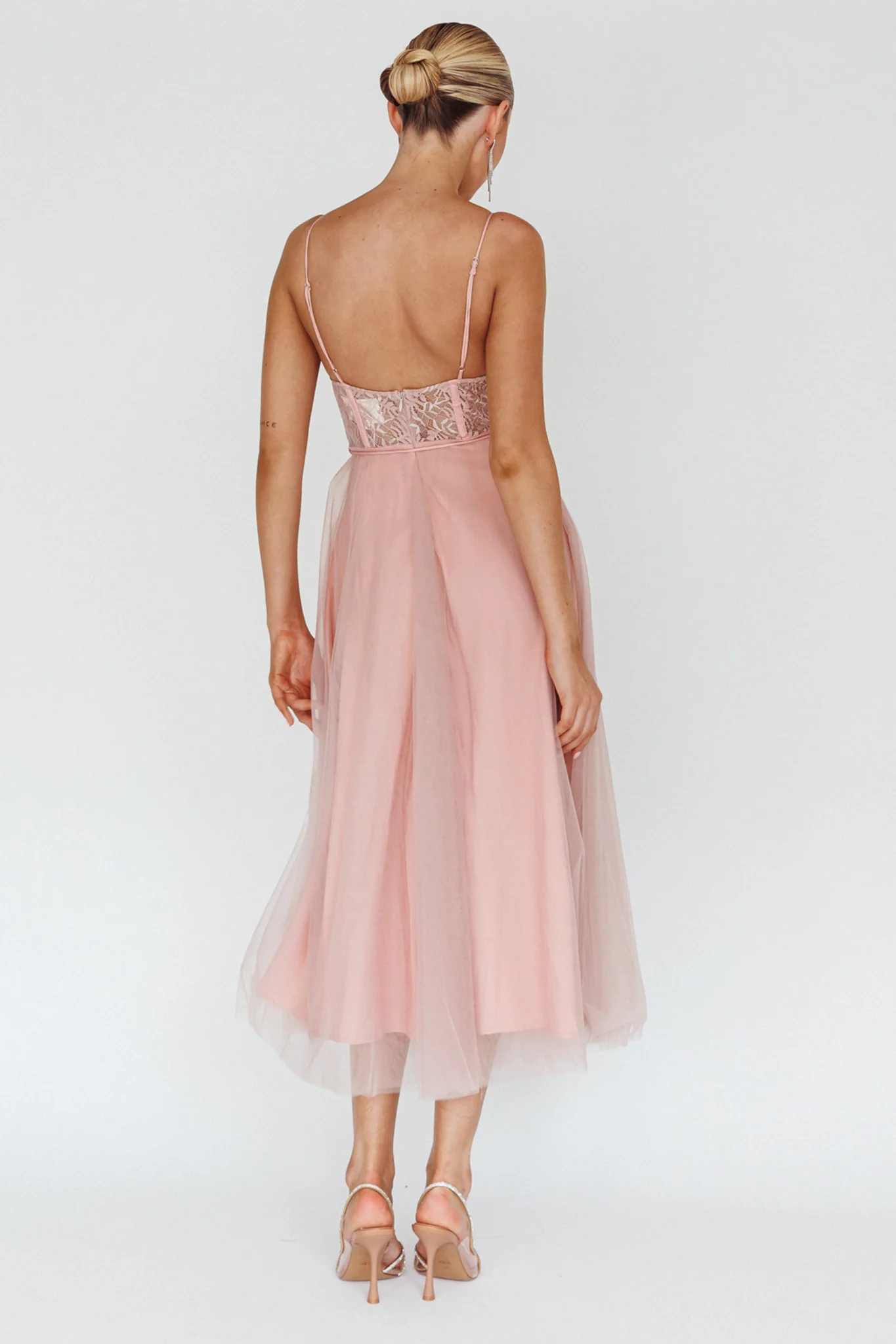 Trophy Lace Bodice Mesh Midi Dress Blush - Seraphlike