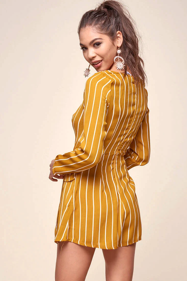 Abbey Waist Tie Pinstripe Romper Mustard & White - Seraphlike
