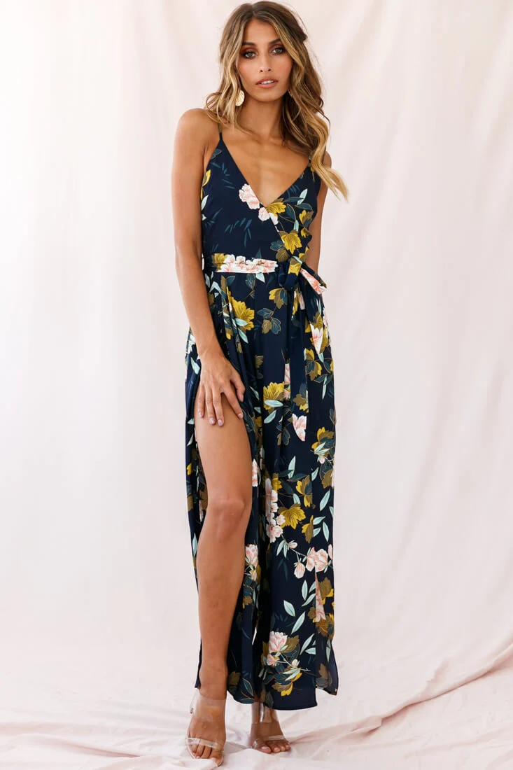 Carrie High Slit Cami Jumpsuit Navy - Seraphlike