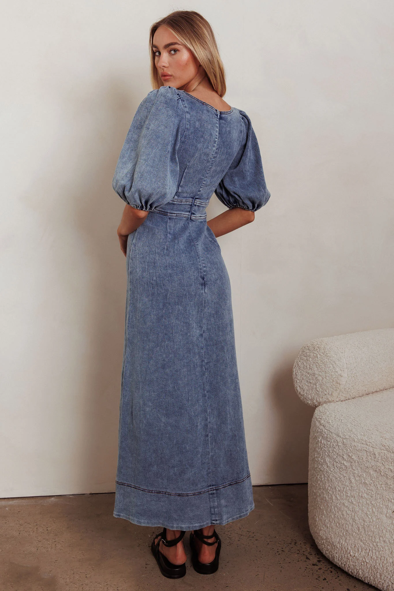 Sibille Puff Sleeve Maxi Dress Denim Blue - Seraphlike