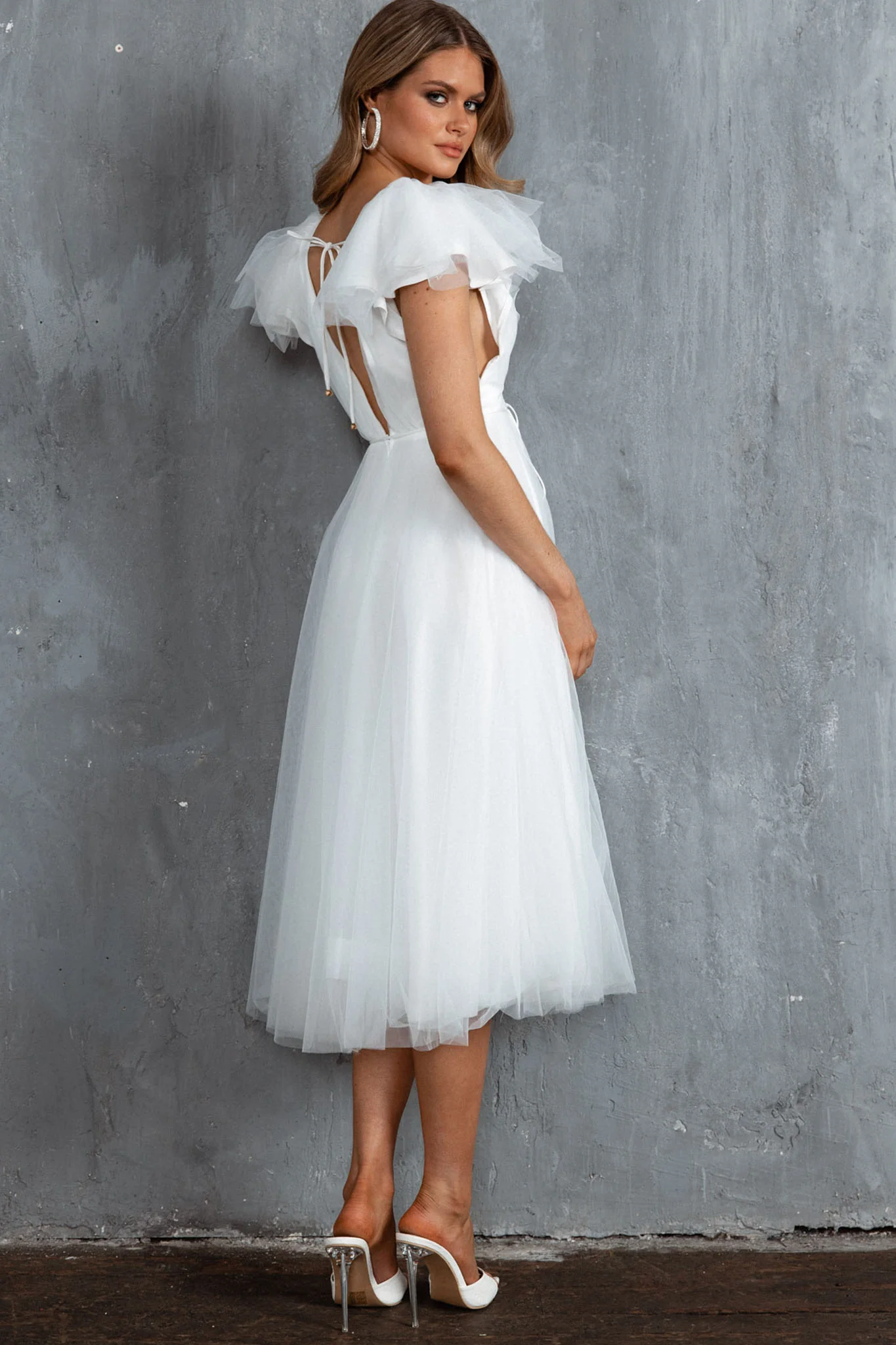 Leap Of Faith Frill Shoulder Tulle Midi Dress White - Seraphlike