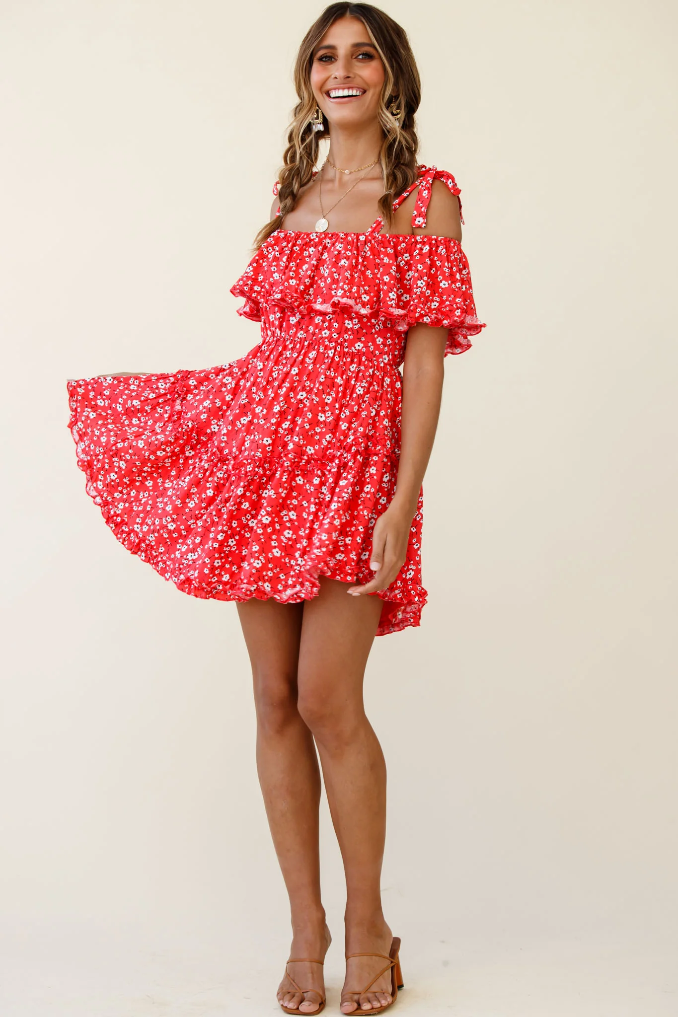 Hacienda Bardot Neckline Frill Dress Floral Print Red - Seraphlike