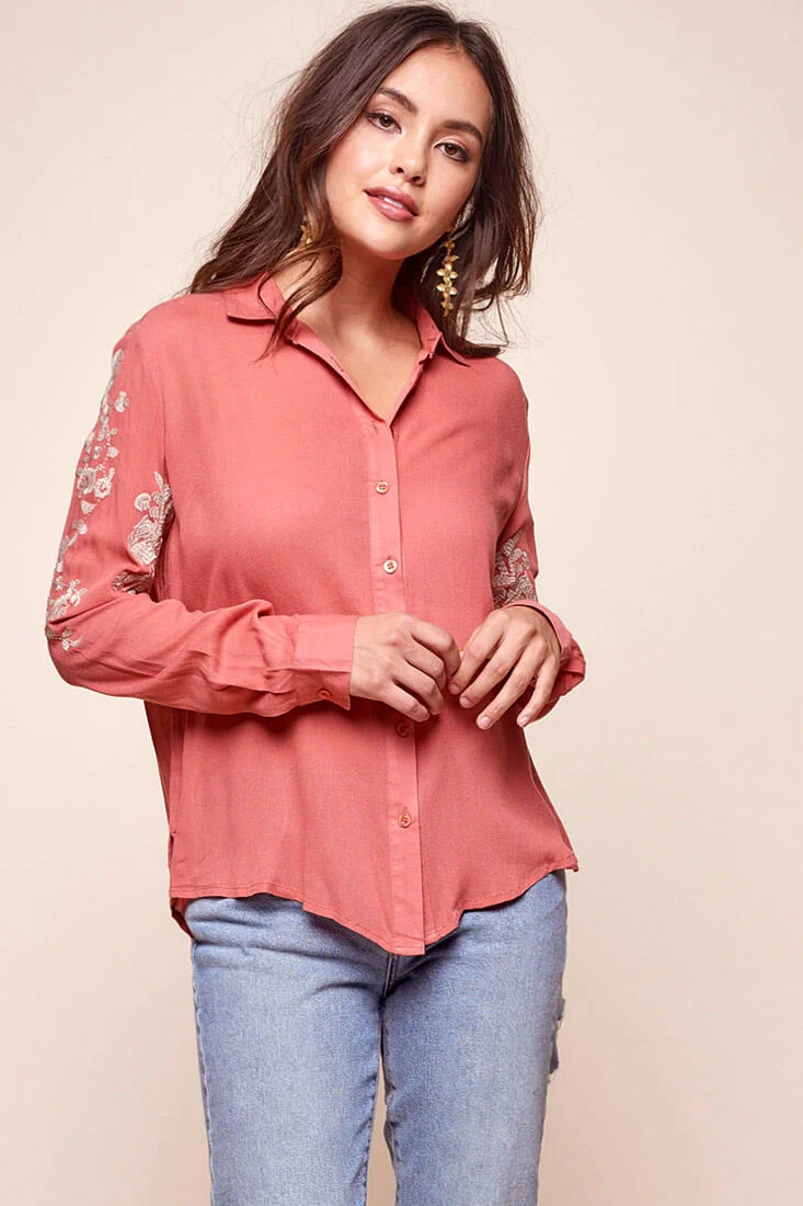 Issa Floral Sleeved Button Up Top Rust - Seraphlike