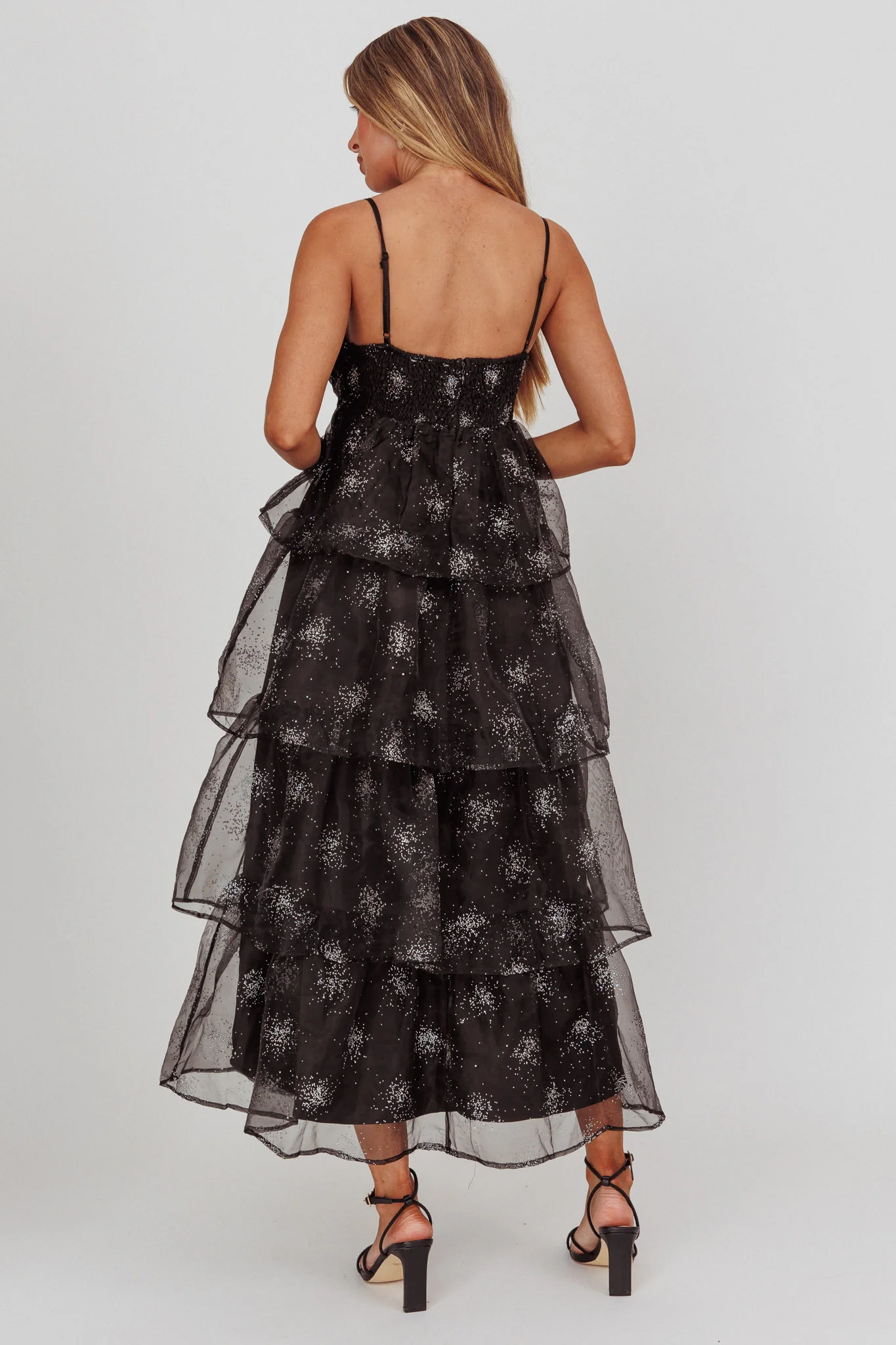 Morina Tiered Maxi Dress Glitter Black - Seraphlike