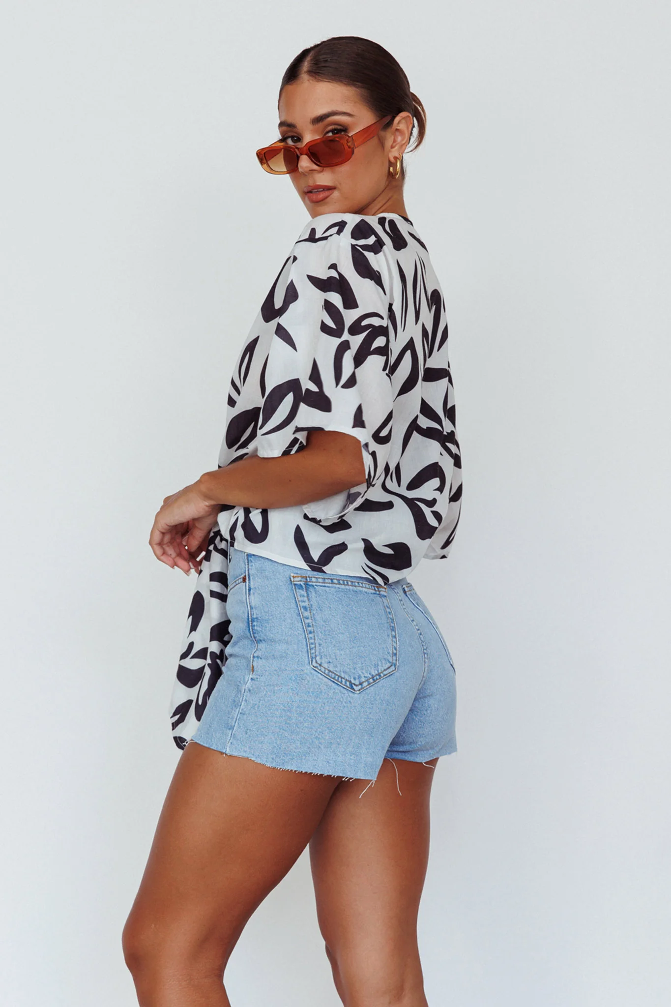 Rivera Deep-V Waist-Tie Top Leaves Black - Seraphlike