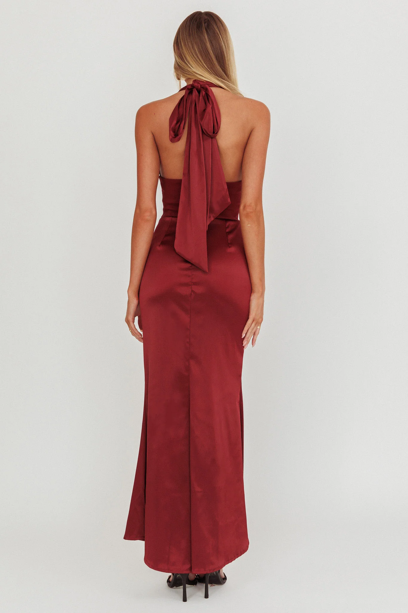 Italia Azure Pleat Bodice Halterneck Maxi Dress Wine - Seraphlike