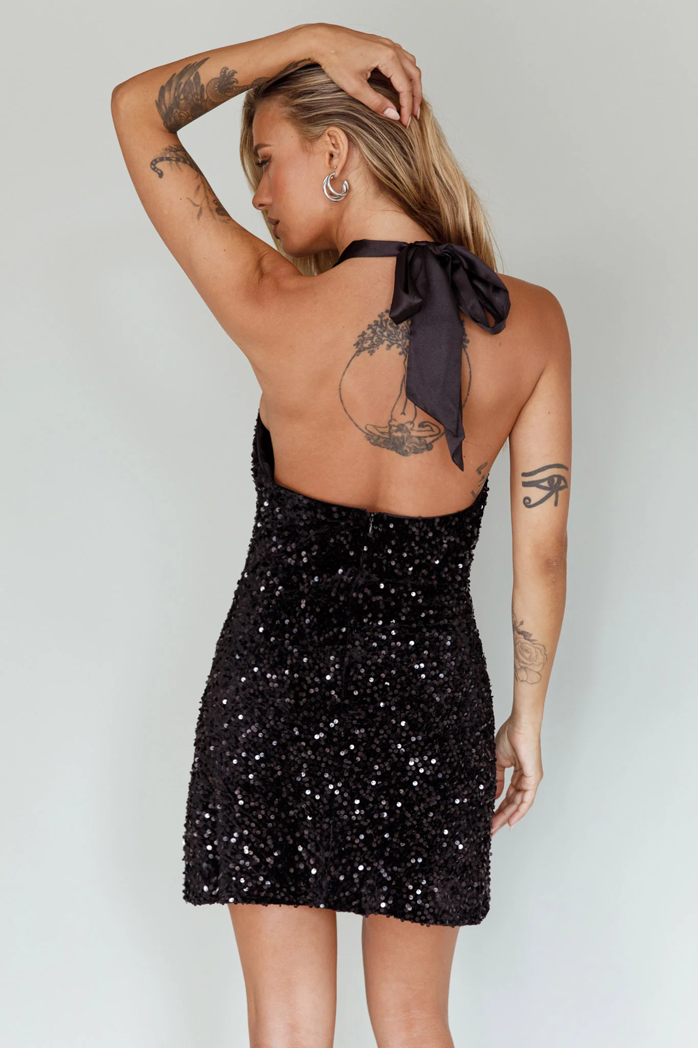 Star Lights Halterneck Mini Dress Sequin Black - Seraphlike
