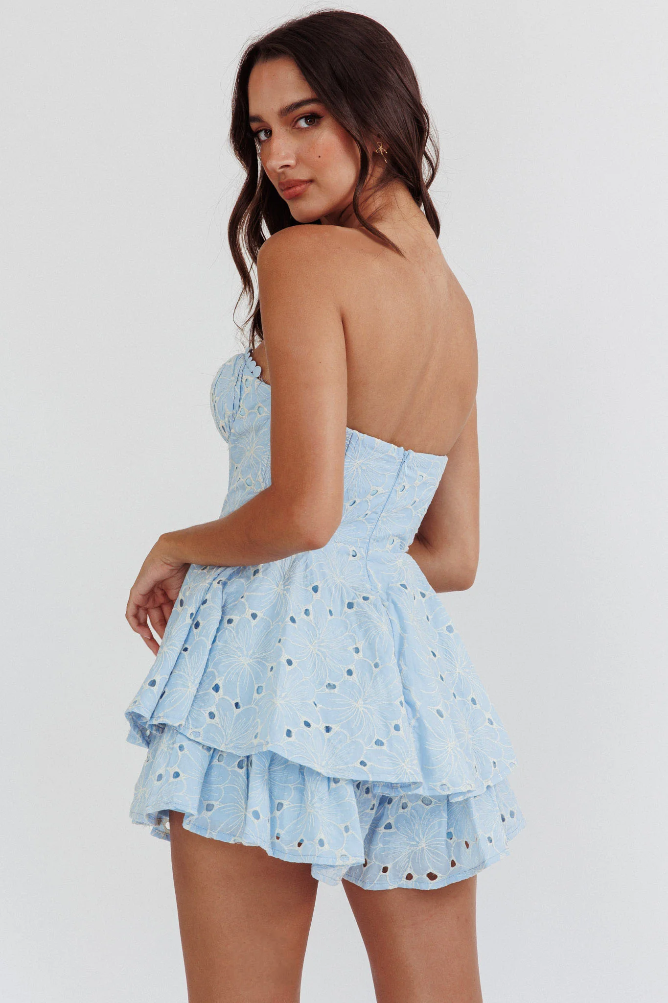 Paris Muse Gathered Bust Embroidered Romper Blue - Seraphlike