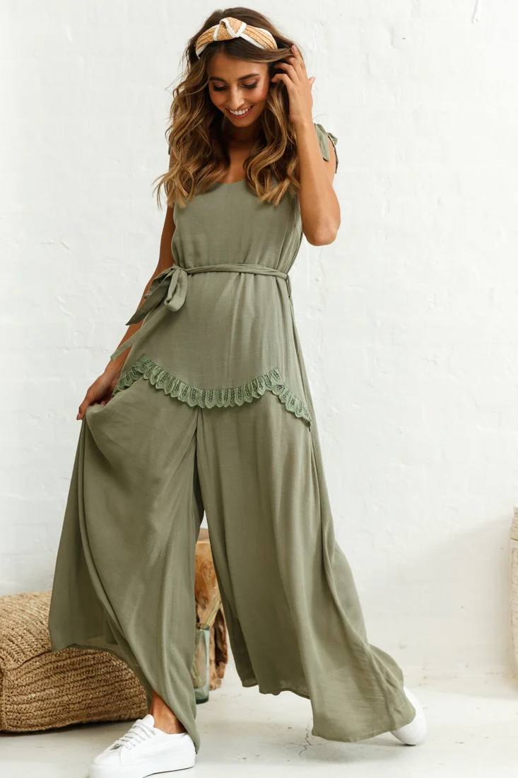 Talitha Tie Strap Wide Leg Jumpsuit Khaki - Seraphlike