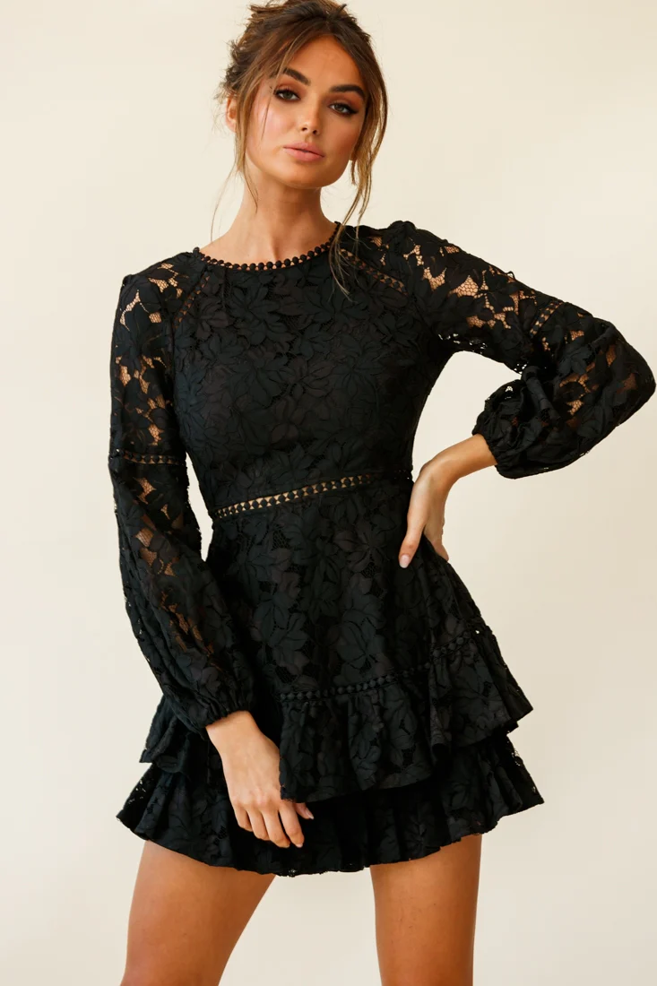 Henrietta Lace Overlay Long Sleeve Ruffle Dress Black - Seraphlike