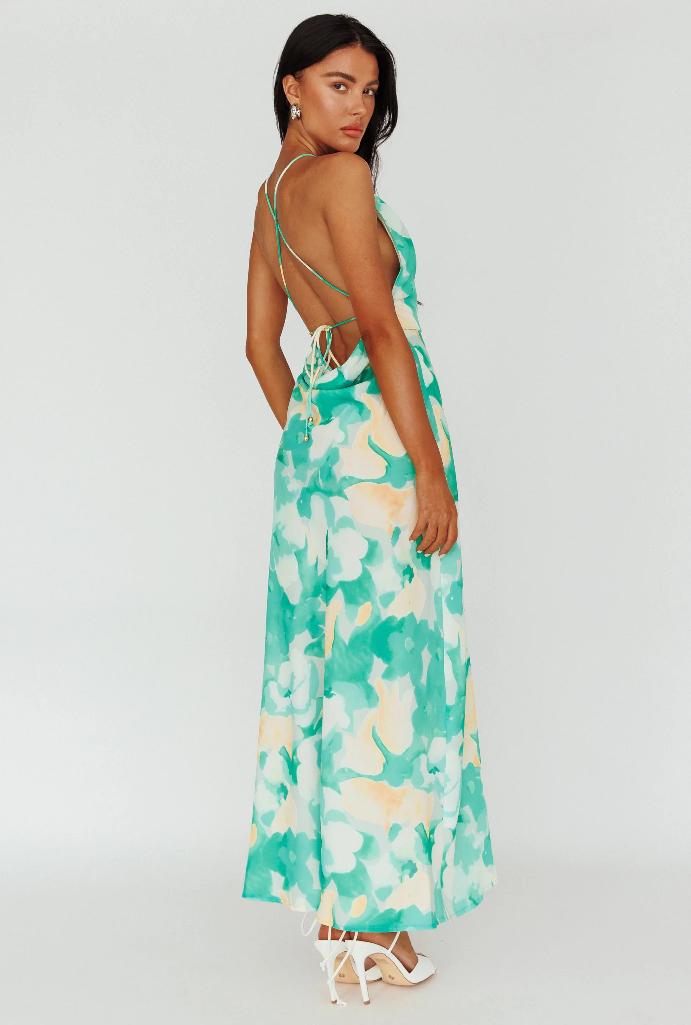 Val Cowl Back Maxi Dress Floral Green - Seraphlike