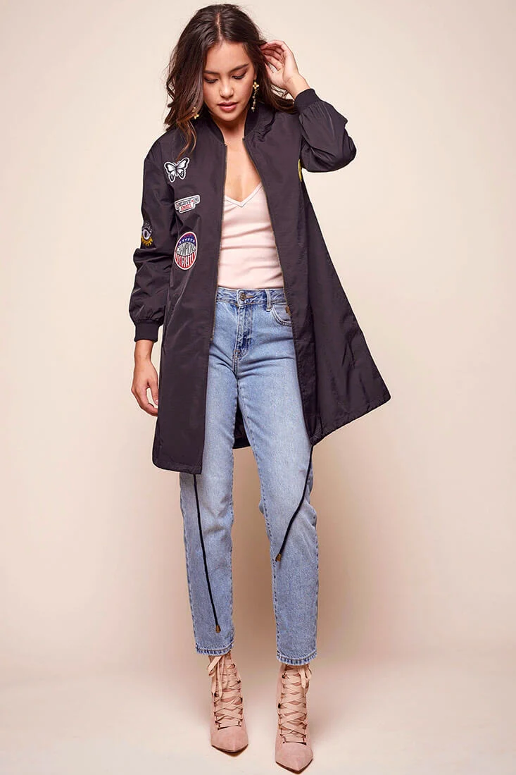 Harlan Long Patchwork Bomber Jacket Black - Seraphlike