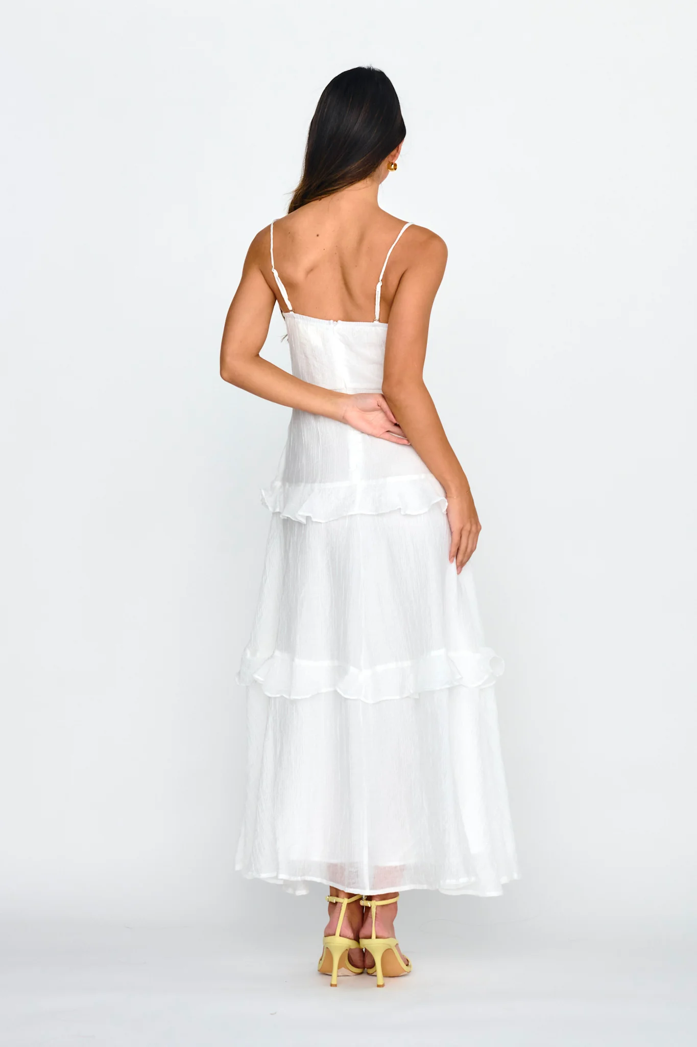 Rise & Glow Frill Trim Textured Midi Dress White - Seraphlike