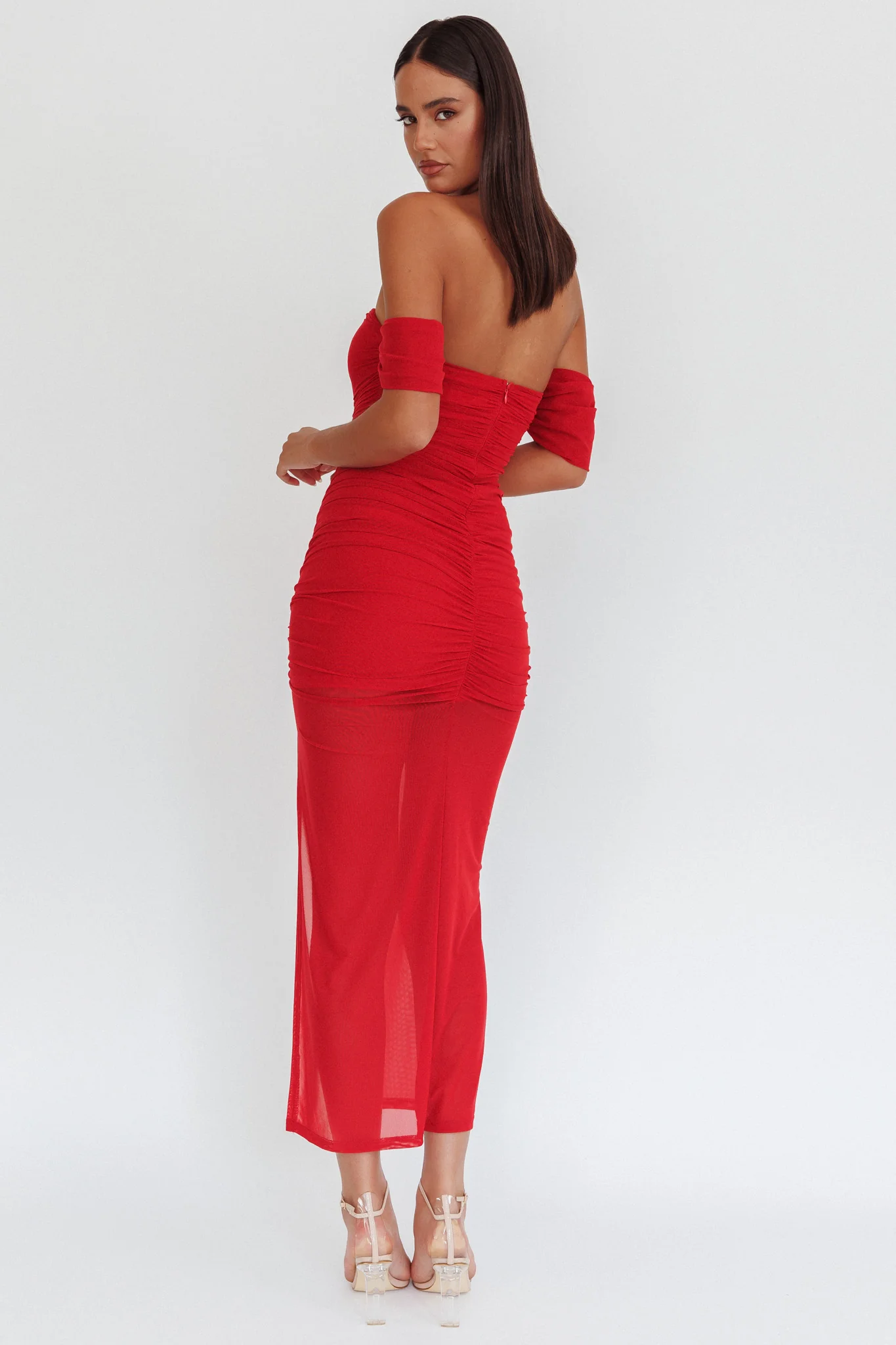 Melonie Off-Shoulder Mesh Maxi Dress Red - Seraphlike